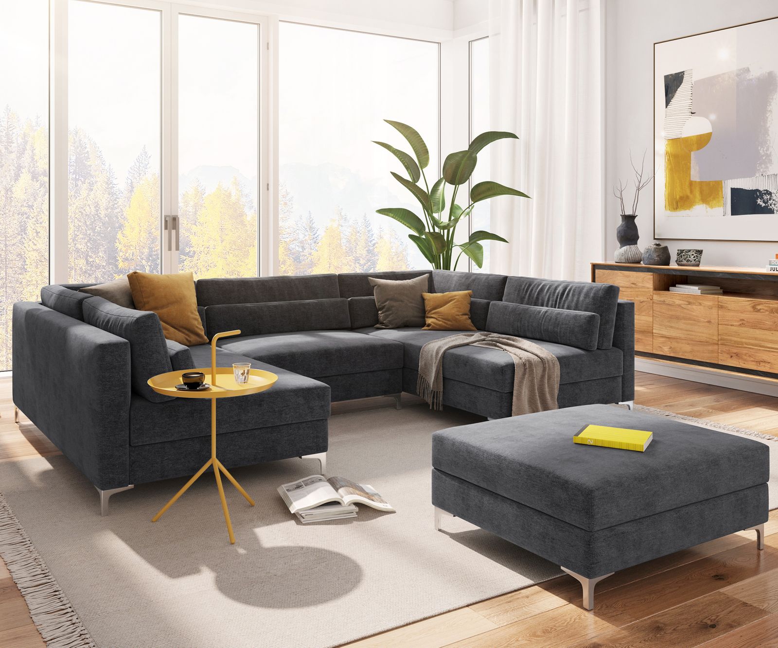 Wohnlandschaft Elio 300x185 cm Mikrofaser Graphite mit Hocker Wohnlandschaft Elio 300x185 cm Mikrofaser Graphite mit Hocker