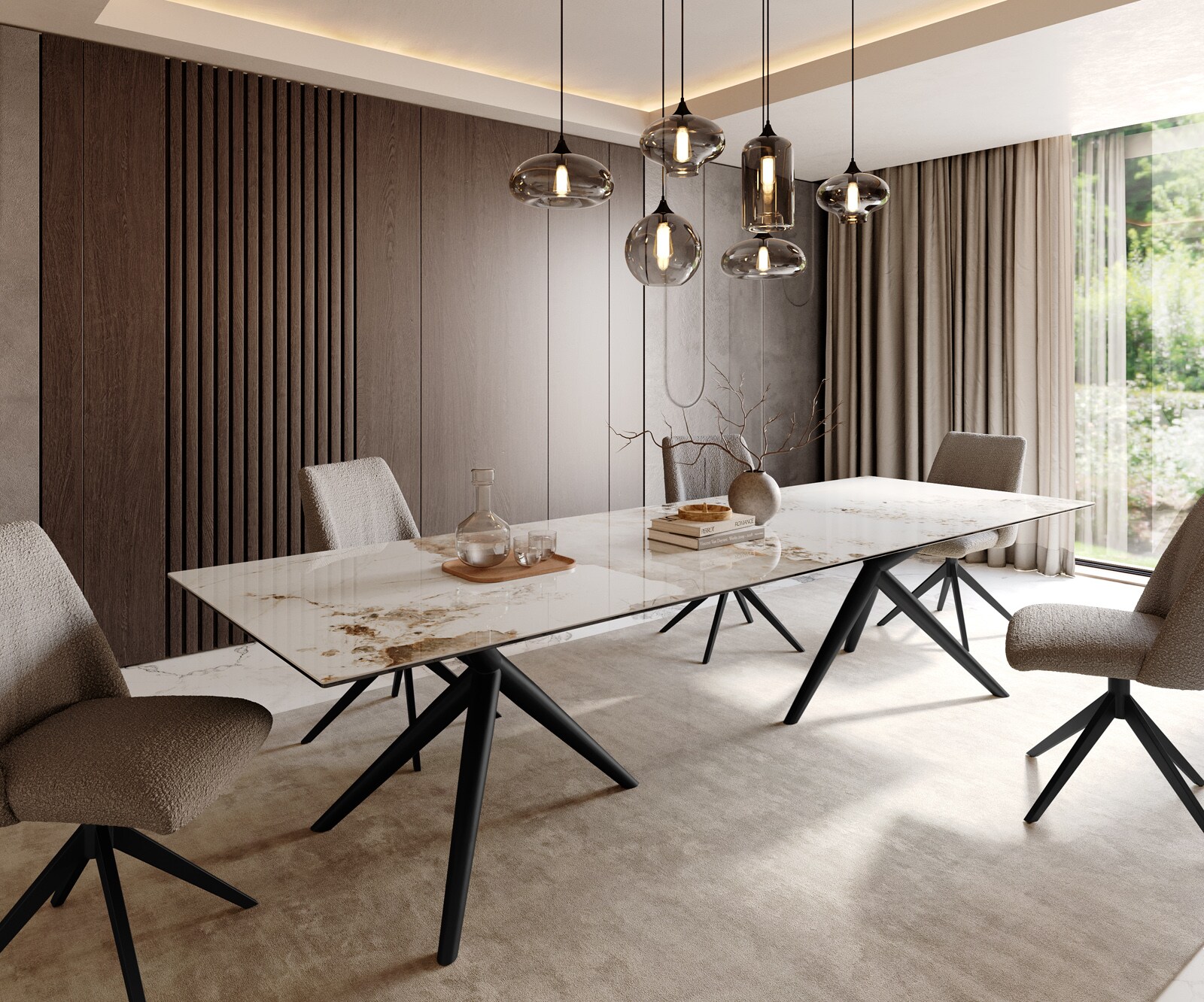 Esstisch Edge 300x100 Keramik Minas Melange Weiß-Beige Estelar rund Metall Schwarz