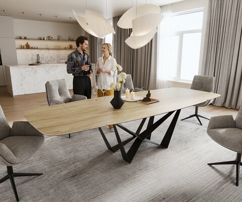 Esstisch Edge Boot 200-300x120 cm Keramik Laminam® Sabbia Eichefarbig Spider Flachstahl Schwarz ausziehbar