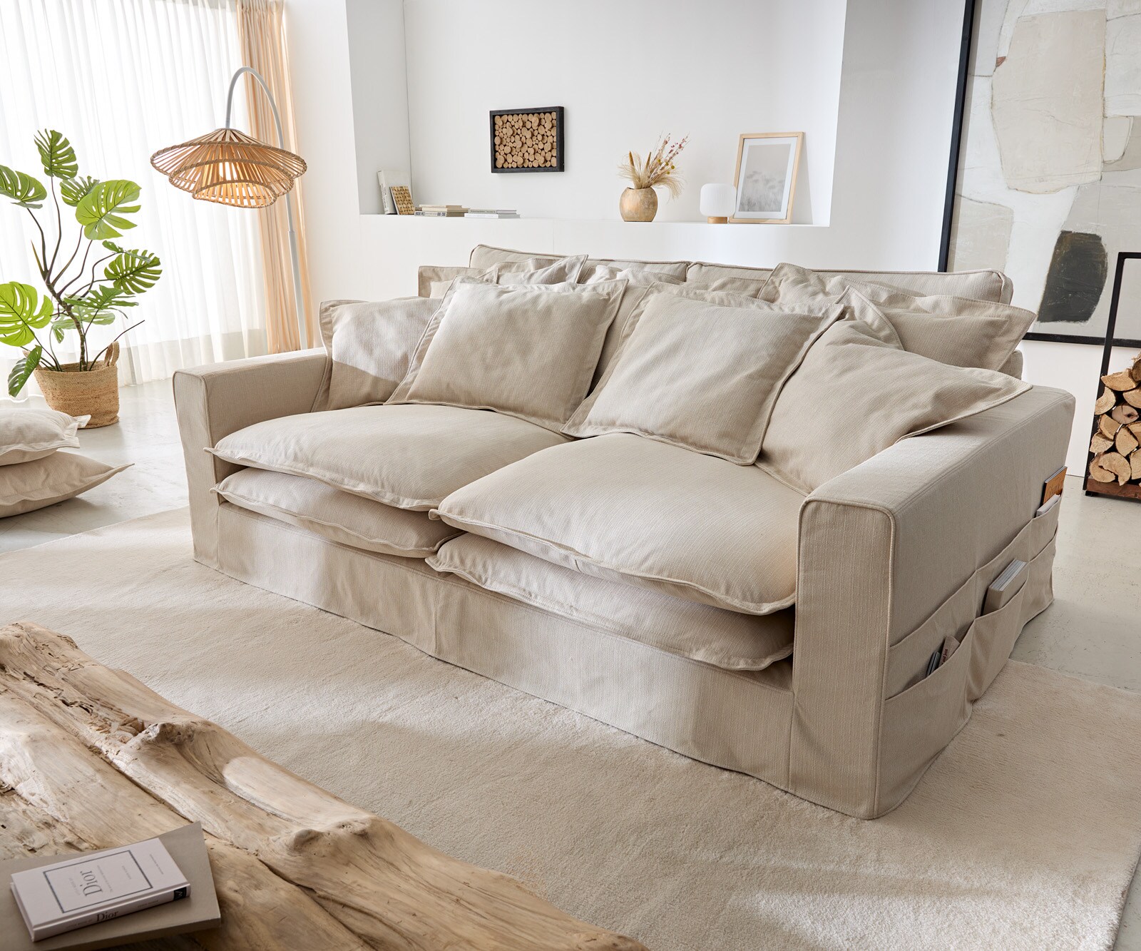 Hussensofa Noelia 240x145 cm Elfenbeinfarben mit Kissen 3