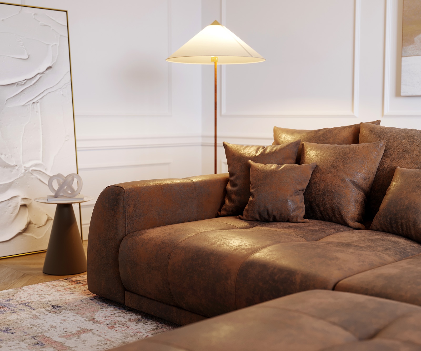 Big-Sofa Violetta 310x135 Braun Antik Optik Hocker Kissen 4 Big-Sofa Violetta 310x135 Braun Antik Optik Hocker Kissen 4