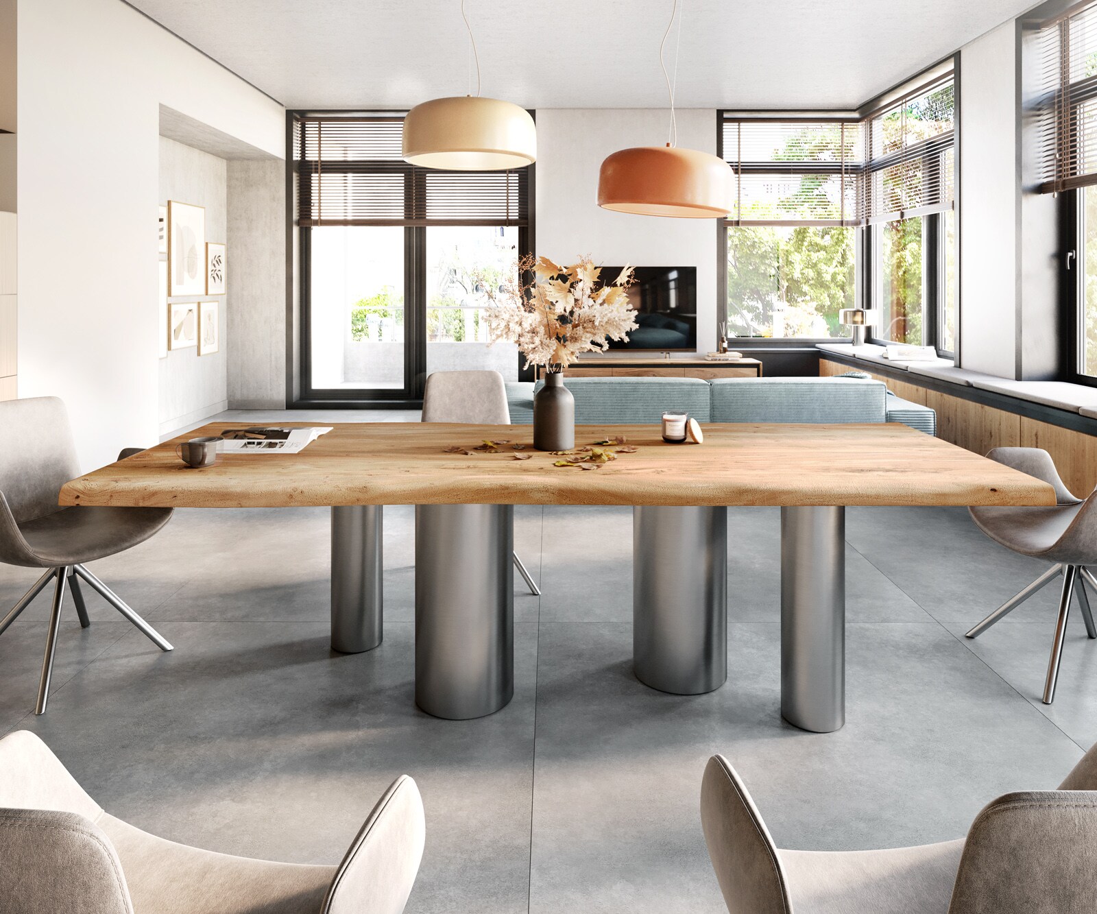 Esstisch Edge 280x100 XL Akazie Natur Pilier Edelstahl gebürstet Live-Edge 1
