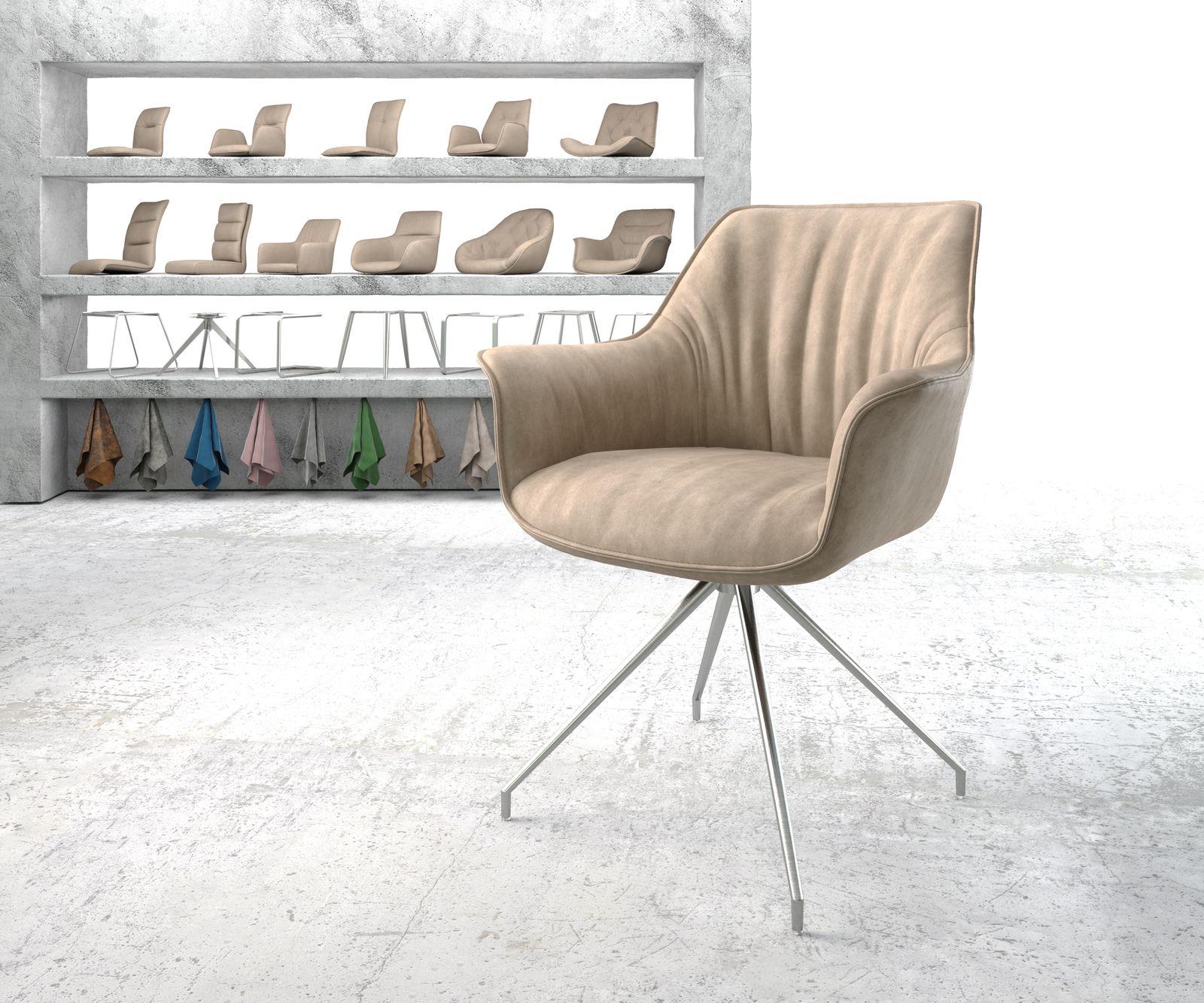 Drehstuhl Keila-Flex mit Armlehnen Beige Vintage Kreuzgestell konisch Edelstahl 180° drehbar