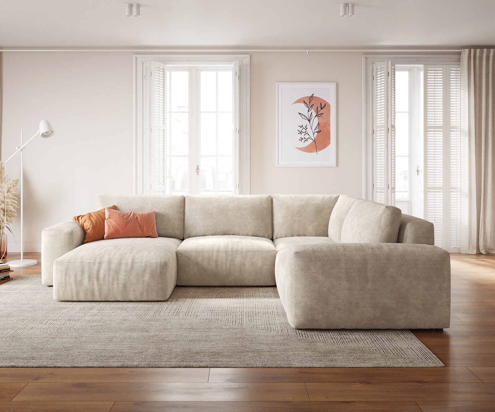 Wohnlandschaft Lanzo 300x210 cm Cord Beige Recamiere variabel 1