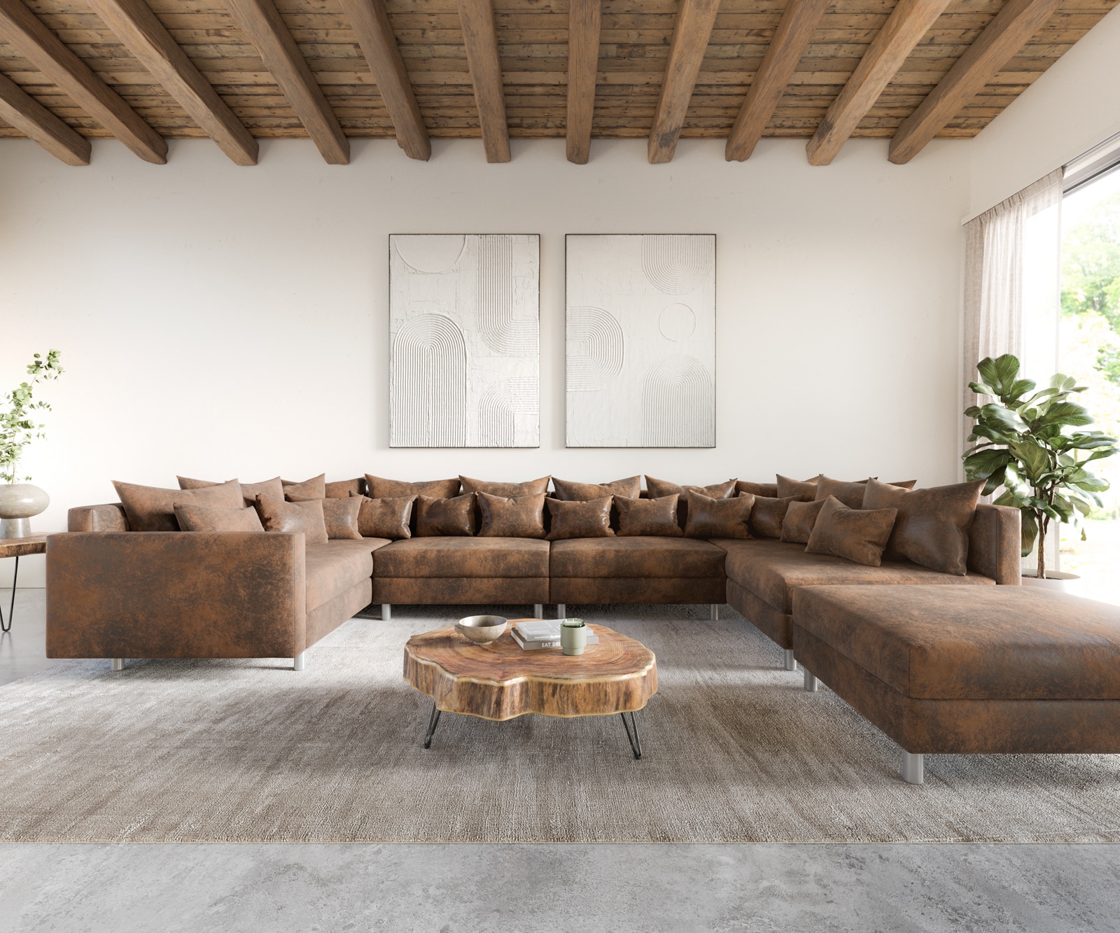 Wohnlandschaft Clovis XL modular Braun Antik Optik Hocker Armlehne 2