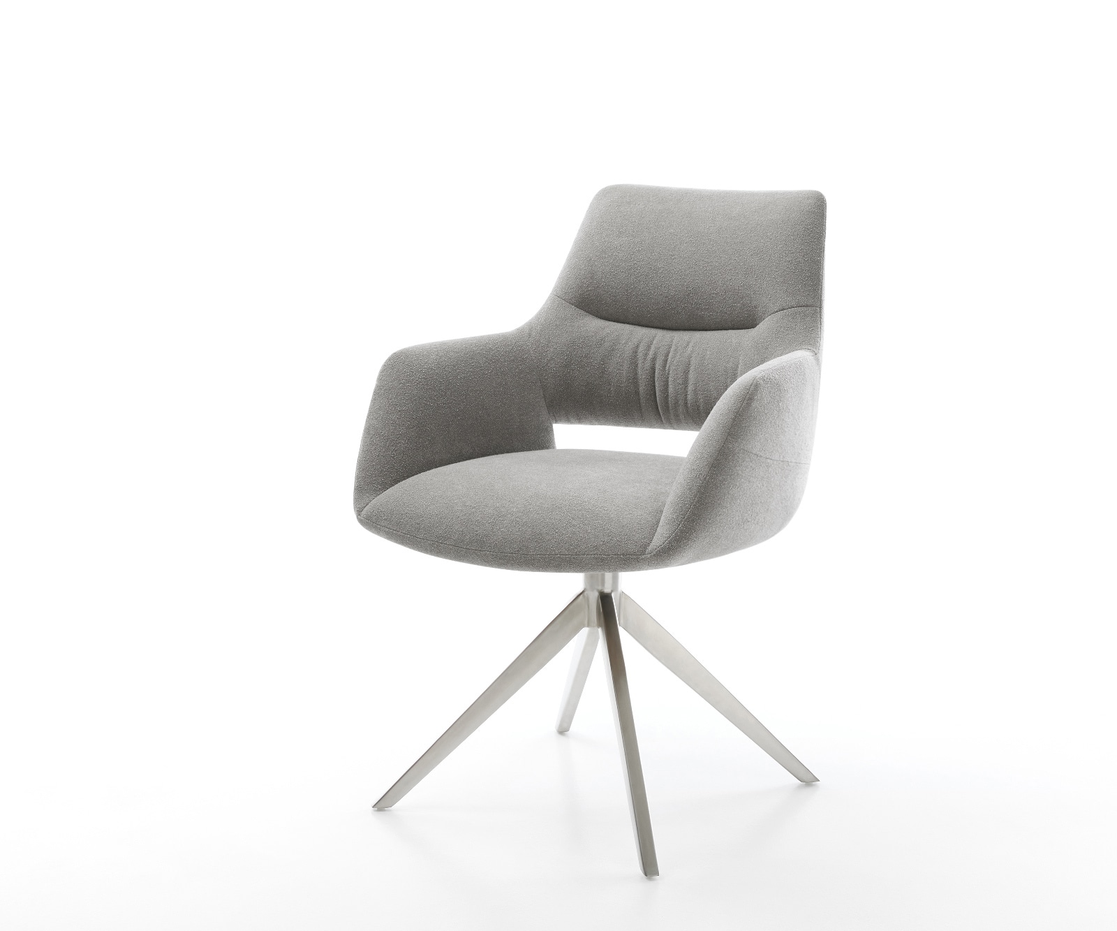 Drehstuhl Yago-Flex mit Armlehnen Strukturstoff Soft Grau Kreuzgestell breit Edelstahl 360° drehbar Wippfunktion Taschenfederkern