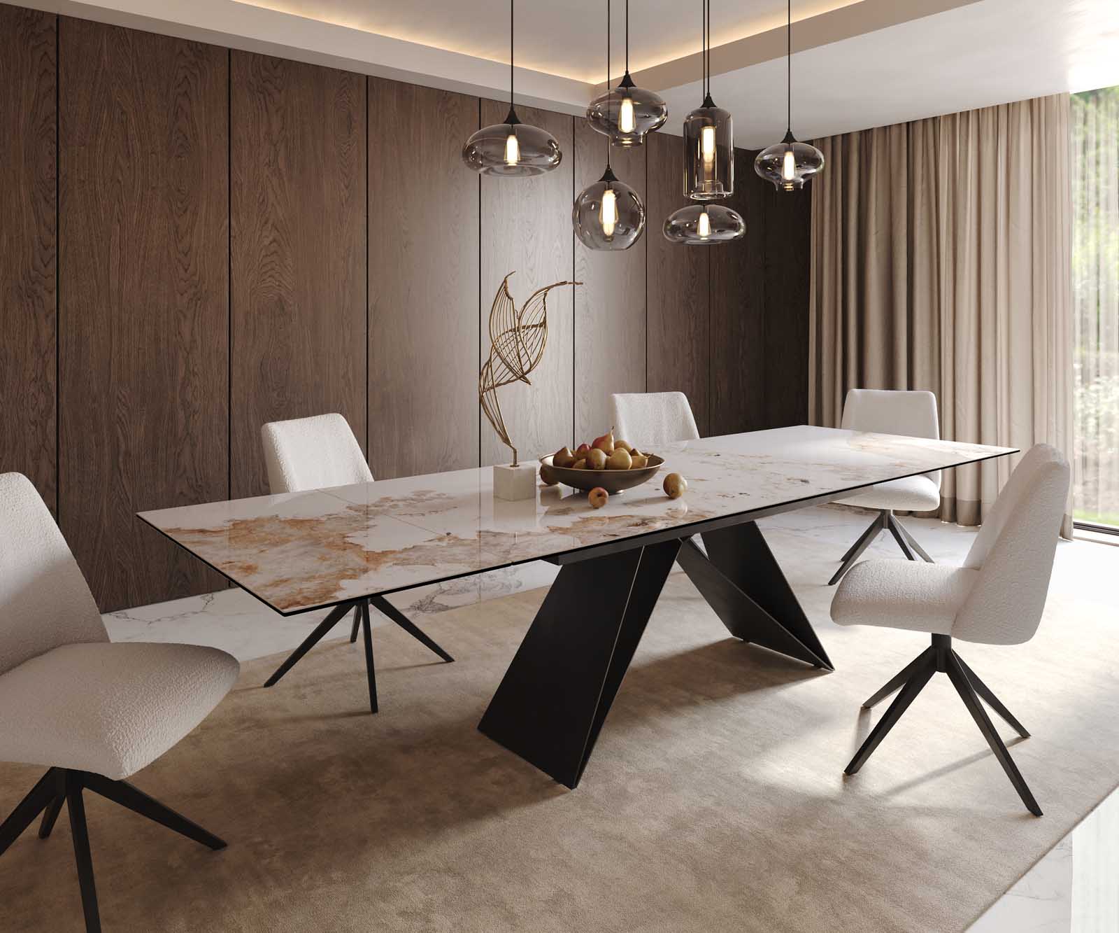 Esstisch Edge 200-300x100 Keramik Minas Melange Weiß-Beige V-Gestell Flachstahl Schwarz ausziehbar