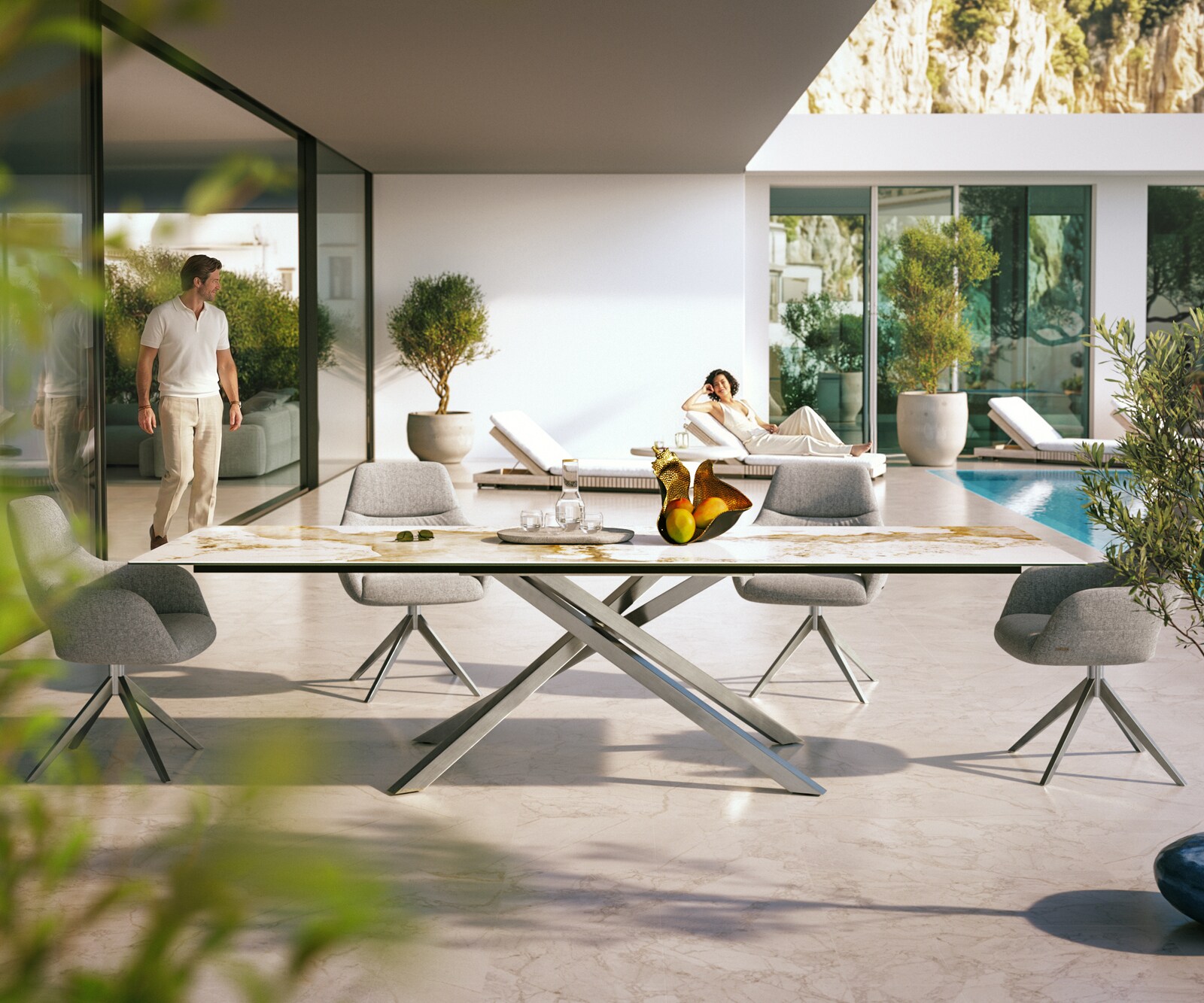 Outdoortisch Edge 300x100 cm Keramik Minas Melange Weiß-Beige Kreuzgestell Rechteck Edelstahl 1