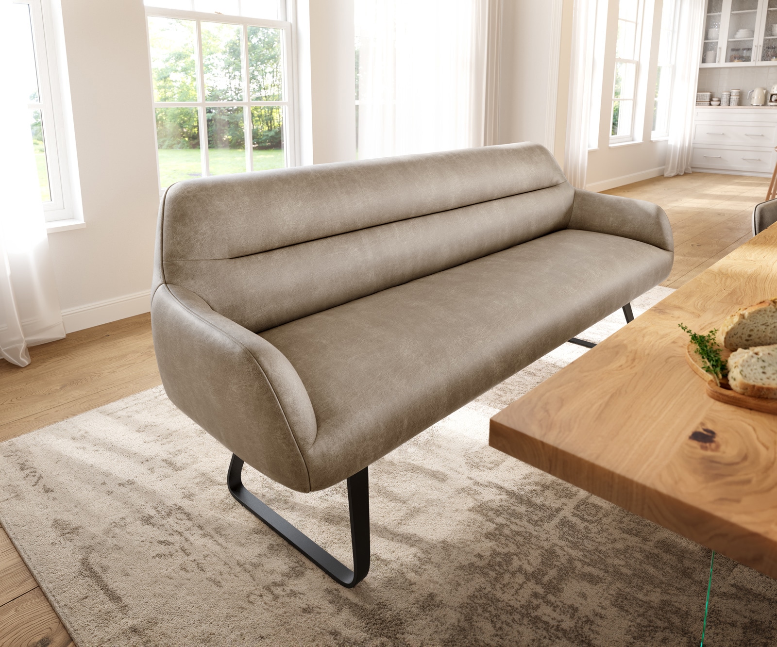 Esszimmerbank Taya-Flex 200 cm Mikrofaser Beige Vintage Kufengestell flach Schwarz Taschenfederkern