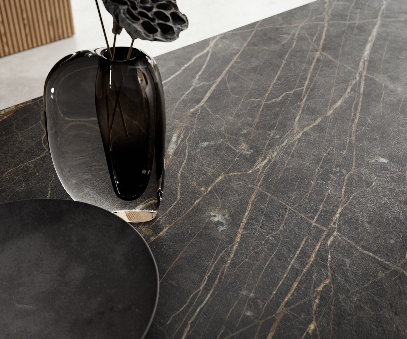 Esstisch Edge 200-300x100 Keramik Laminam®Noir Desir Braun W-Gestell Effektfinish Titan Ausziehbar 6