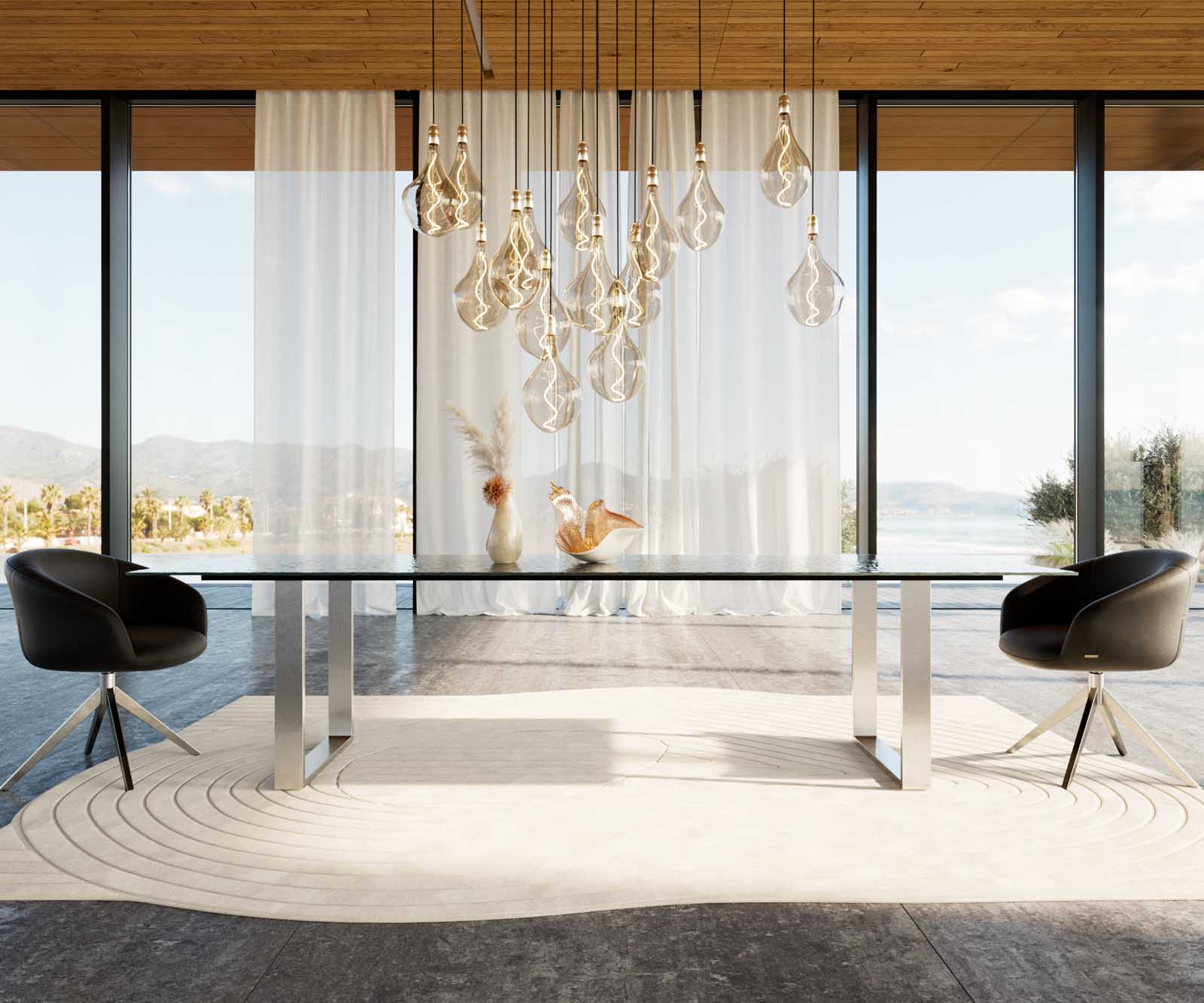 Esstisch Edge 300x100 Reliefglas Rauchschwarz 3D-Design Edelstahl Schmal 2 Esstisch Edge 300x100 Reliefglas Rauchschwarz 3D-Design Edelstahl Schmal 2