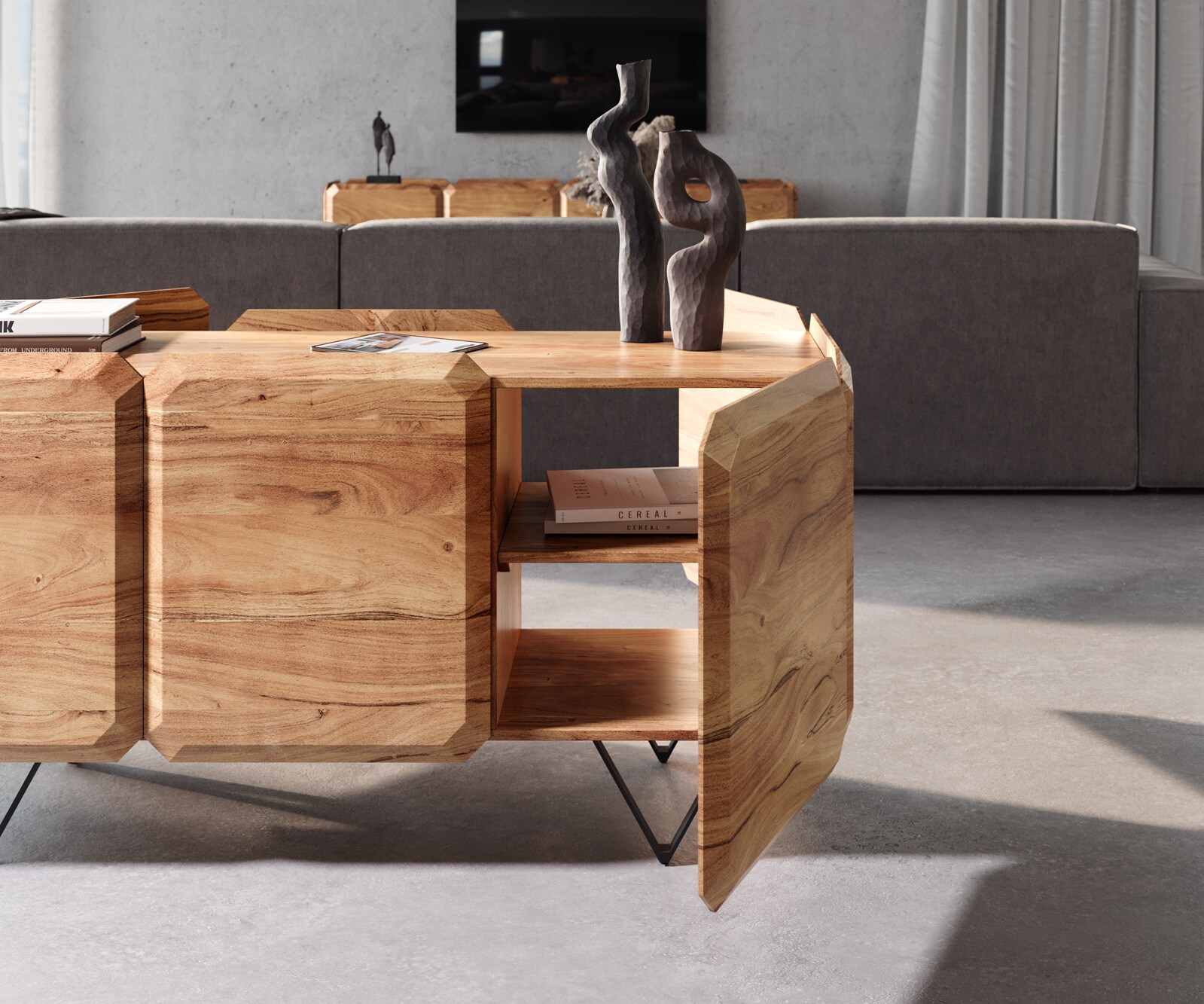 Sideboard Kiano 145 cm Akazie Natur 3 Türen V-Fuß Schwarz Raumteiler 5