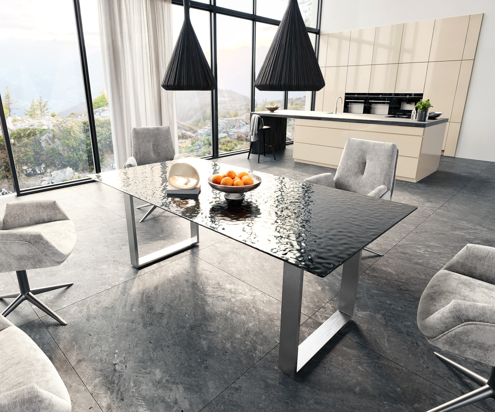 Esstisch Edge 200x100 Reliefglas Rauchschwarz 3D-Design Edelstahl Schmal Esstisch Edge 200x100 Reliefglas Rauchschwarz 3D-Design Edelstahl Schmal