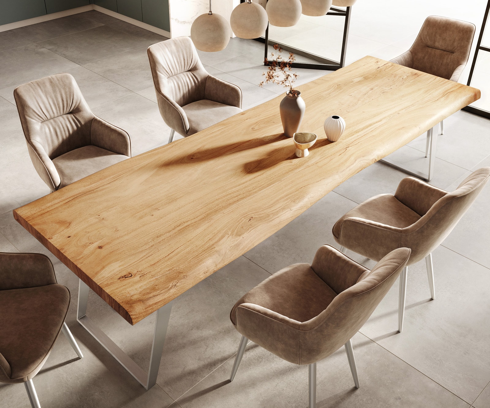 Esstisch Edge 300x100cm XL Akazie Natur Edelstahl Silber schräg Live-Edge 3 Esstisch Edge 300x100cm XL Akazie Natur Edelstahl Silber schräg Live-Edge 3