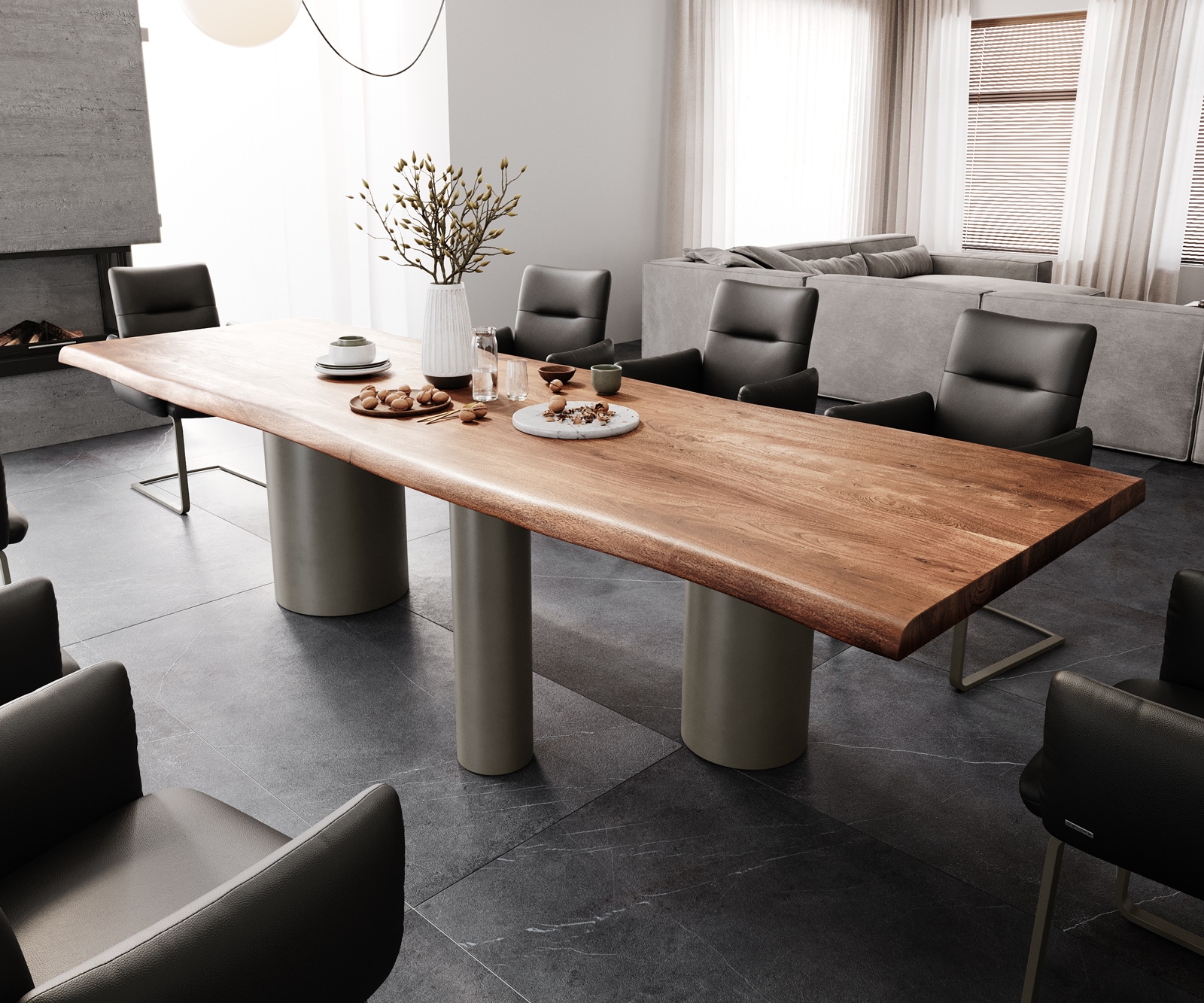 Esstisch Edge 300x100 XL Akazie Braun Troa Metall Effektfinish Titan Live-Edge