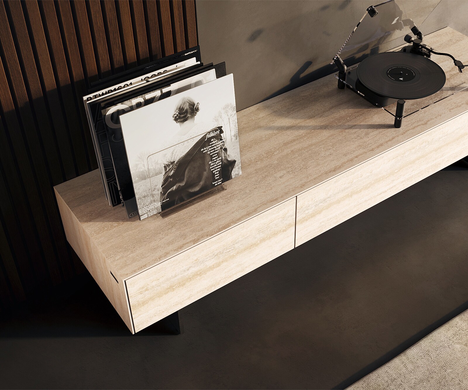 Lowboard Cuor 150 cm Keramik Laminam® Travertino Bianco Creme-Weiß 1 Klappe 1 Schubfach Fuß Schwebeoptik Metall Schwarz 3