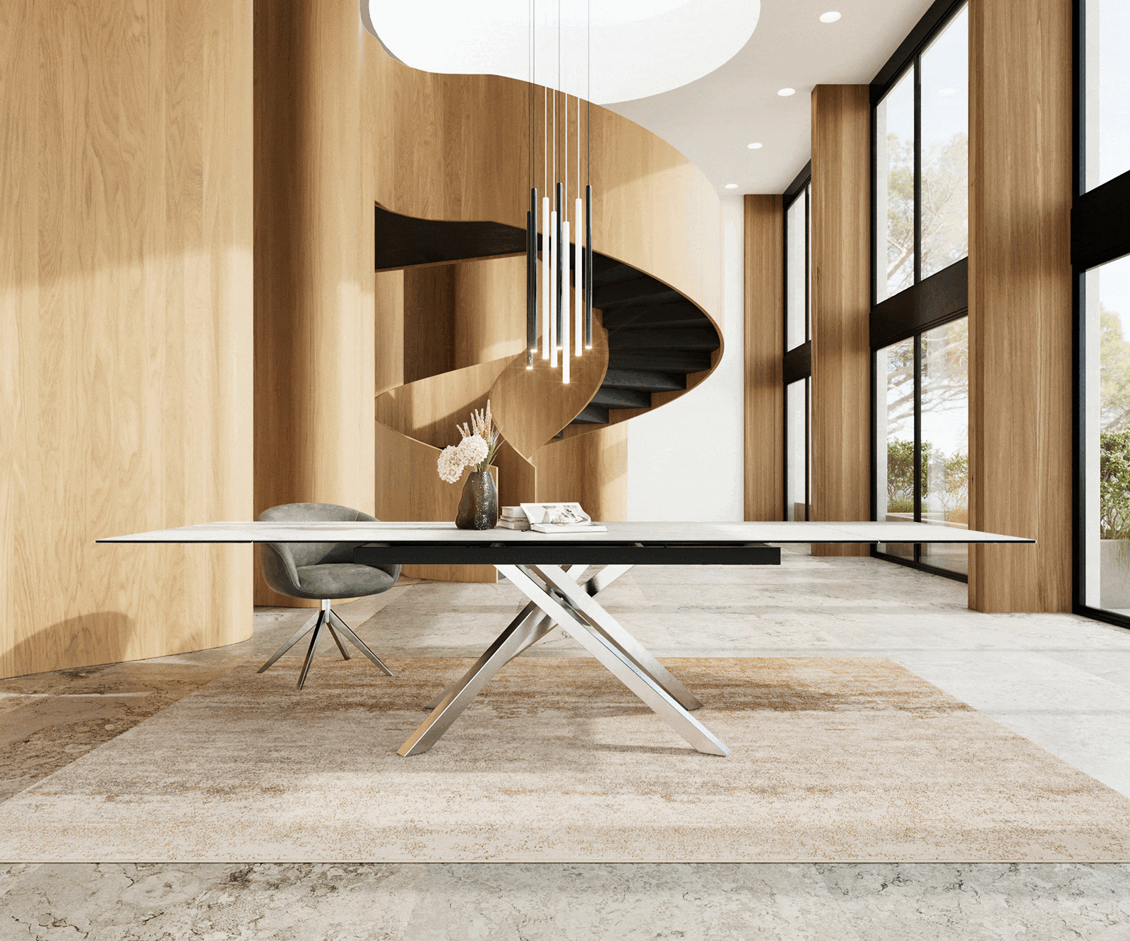 Esstisch Edge 200-300x100 Keramik Laminam®Statuarietto Weiß Kreuzgestell Rechteck Edelstahl ausziehbar
