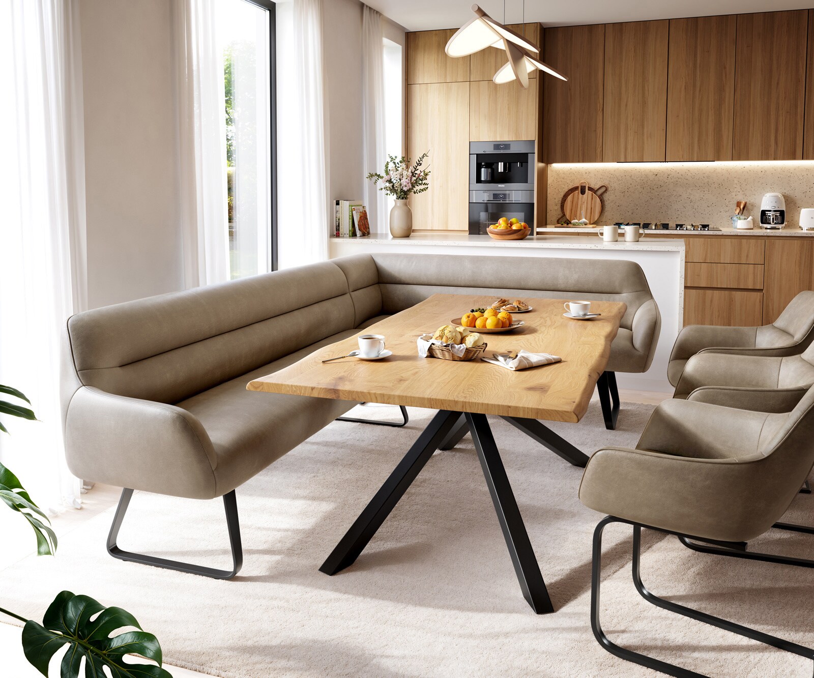 Esszimmerbank Taya-Flex 285x190 cm Mikrofaser Beige Vintage Kufengestell flach Schwarz Taschenfederkern Links 1