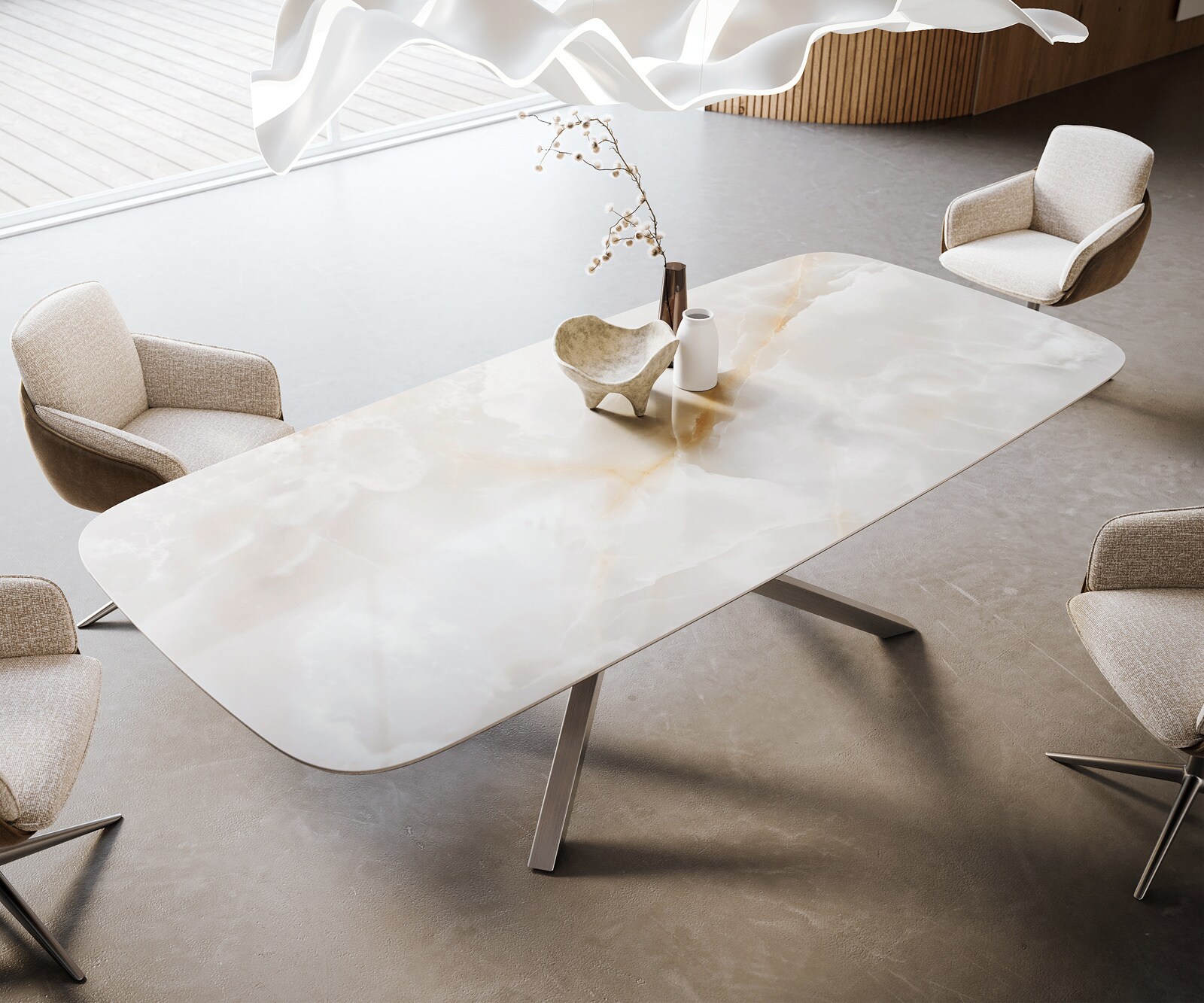 Esstisch Edge Boot 270x120 cm Keramik Iris FMG Onice Grigio Kreuzgestell Rechteck Edelstahl 4