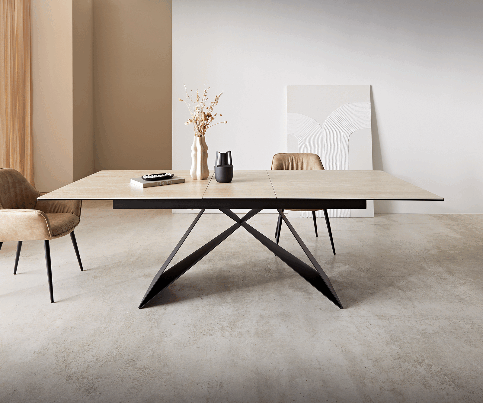Esstisch Edge 180-220x100 Keramik Travertin Natur V-Gestell Flachstahl Schwarz ausziehbar 1