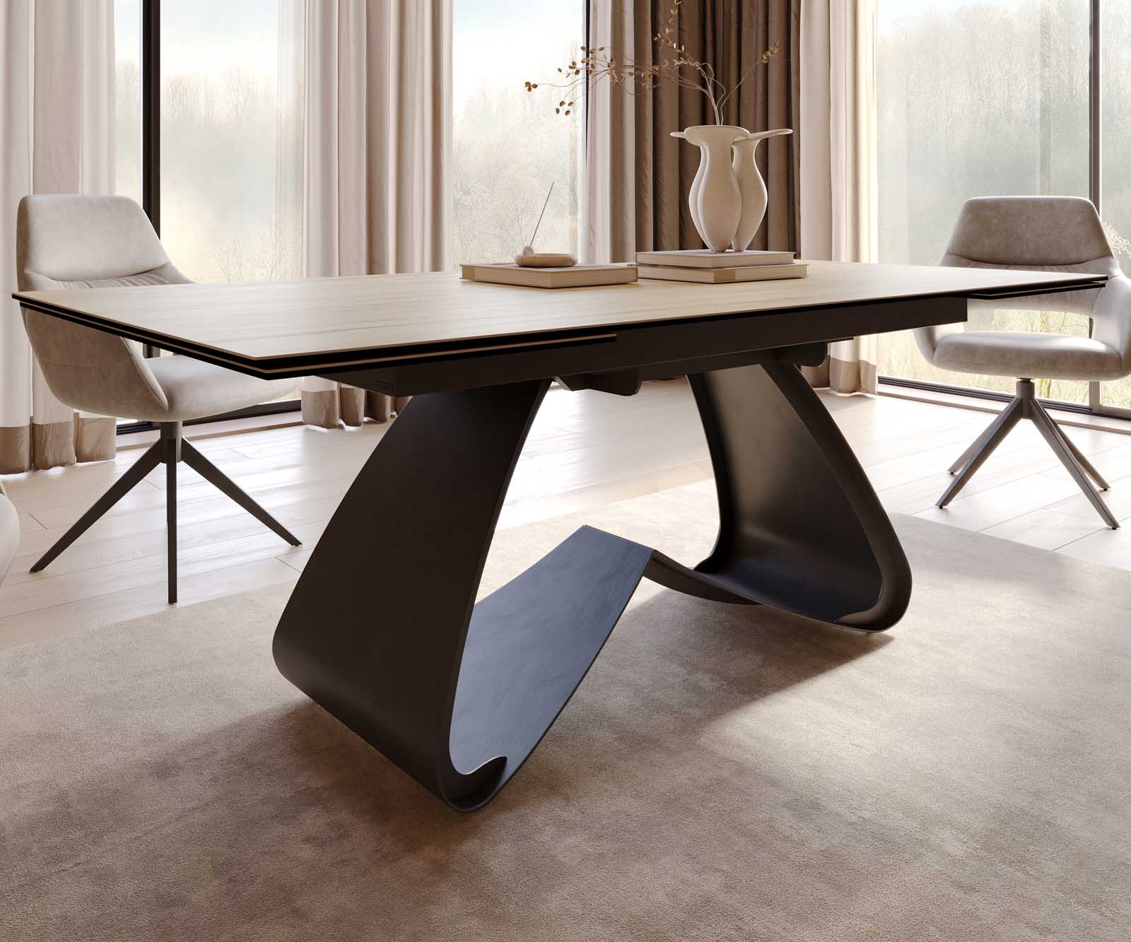 Esstisch Edge 200-300x100 Keramik Laminam® Sabbia Eichefarbig W-Gestell Schwarz ausziehbar 5