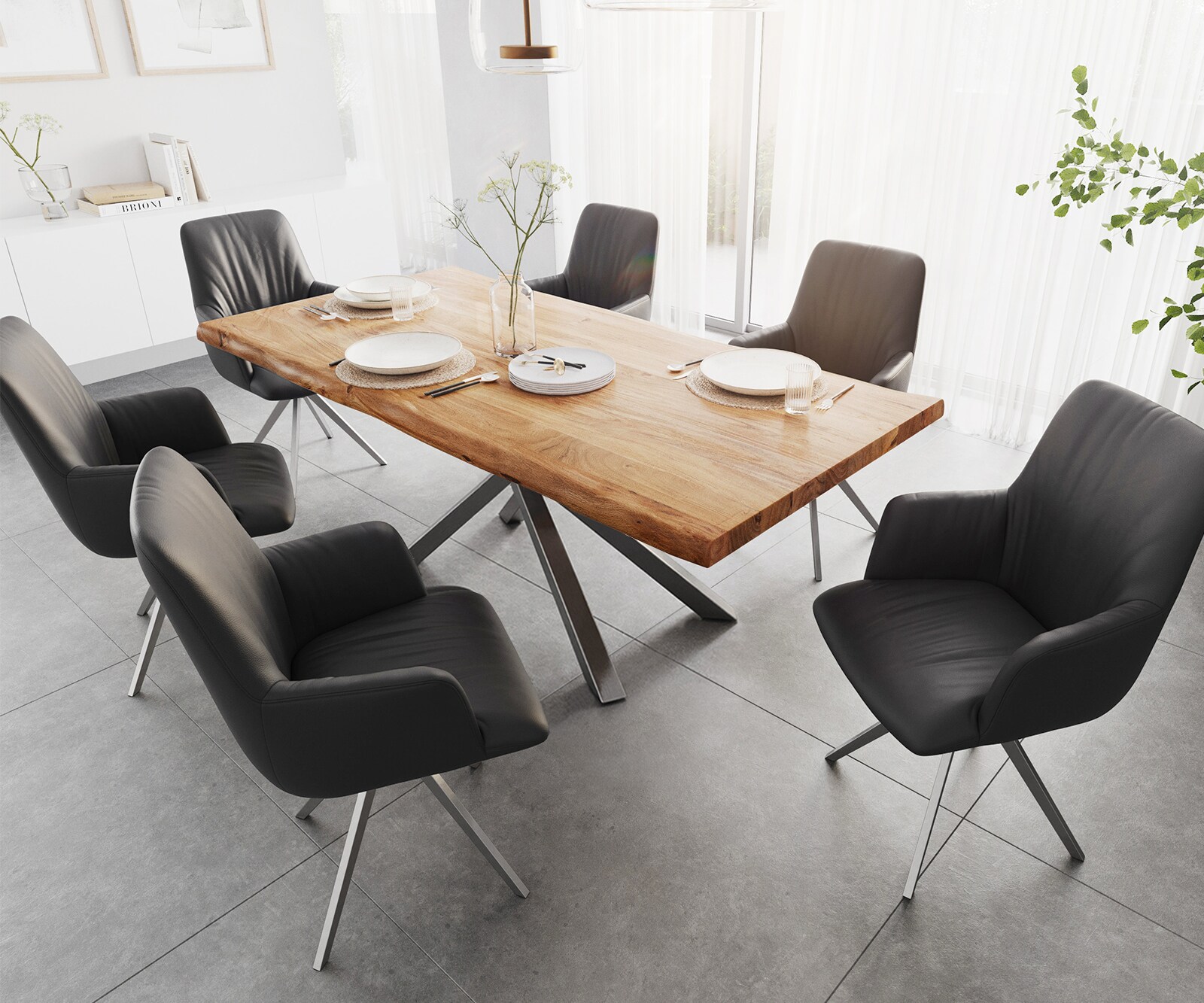 Esstisch Edge 200x100 XL Akazie Natur Kreuzgestell Rechteck Edelstahl Live-Edge 4