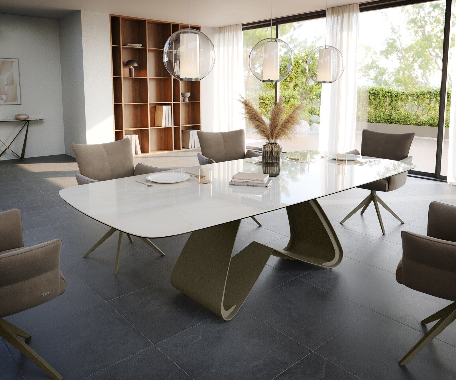Esstisch Edge Boot 260x120 cm Keramik Onyx Champagne W-Gestell Metall Effektfinish Titan 1