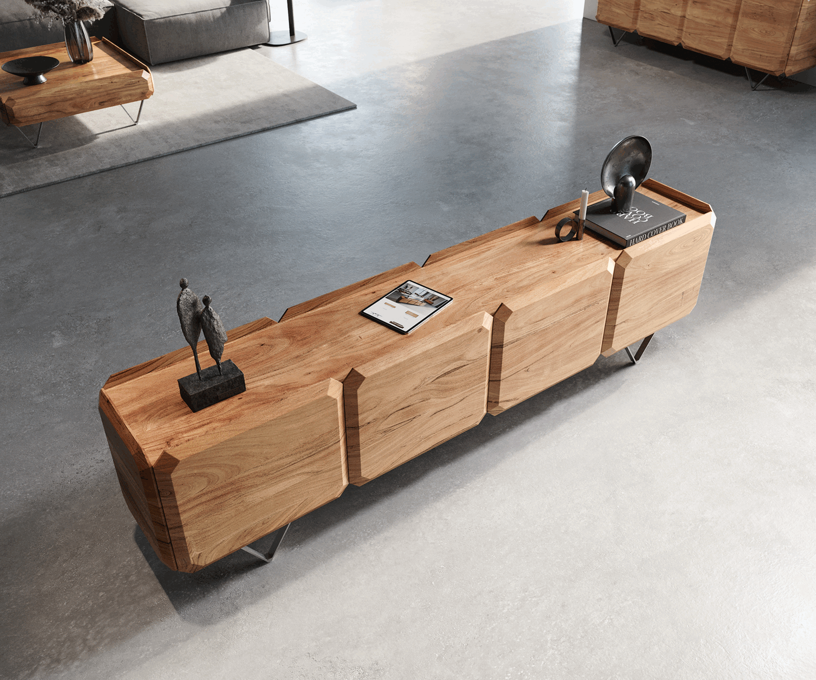 Lowboard Kiano 220 cm Akazie Natur 4 Türen V-Fuß Edelstahl Raumteiler 3