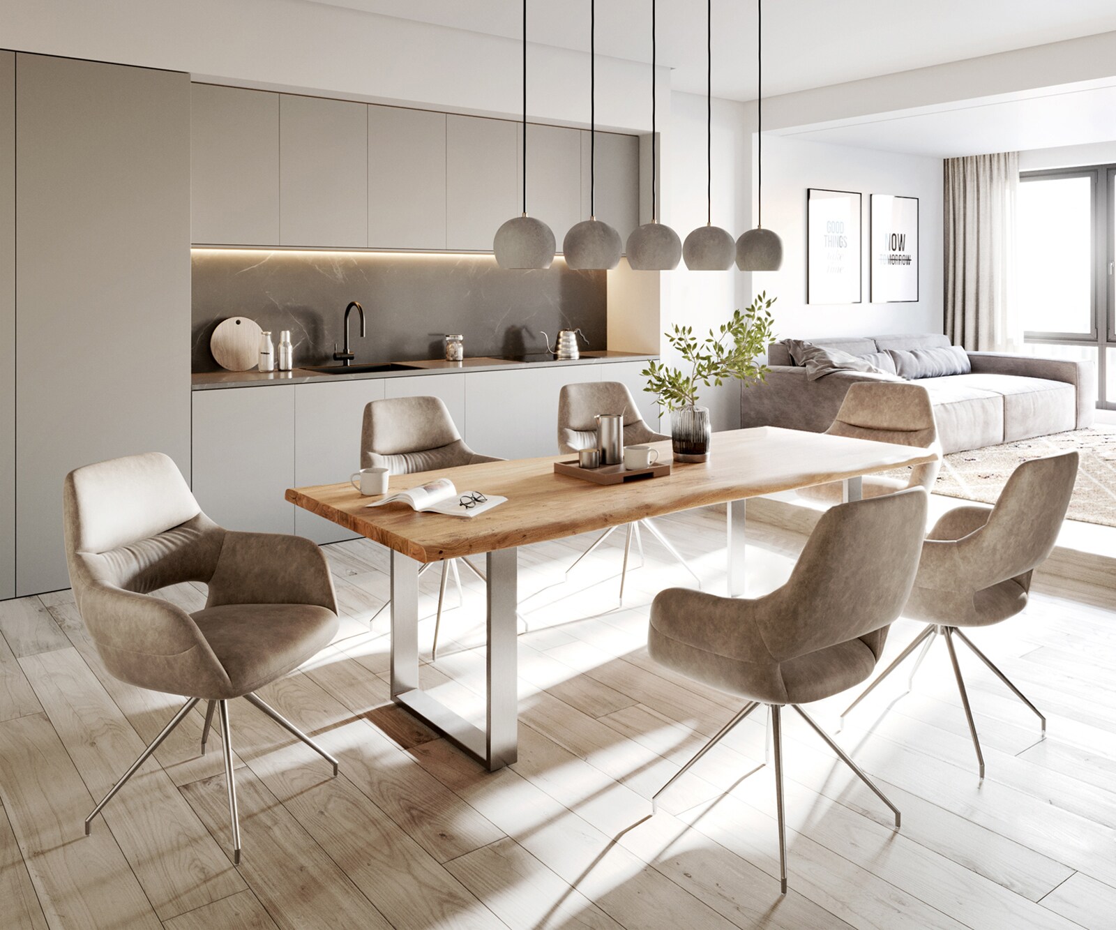 Esstisch Edge 240x100cm Akazie Natur Edelstahl schmal Live-Edge 5