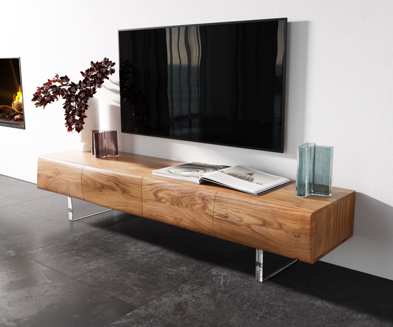 Lowboard New Live-Edge 175 cm Akazie Natur 4 Türen Acrylfuß