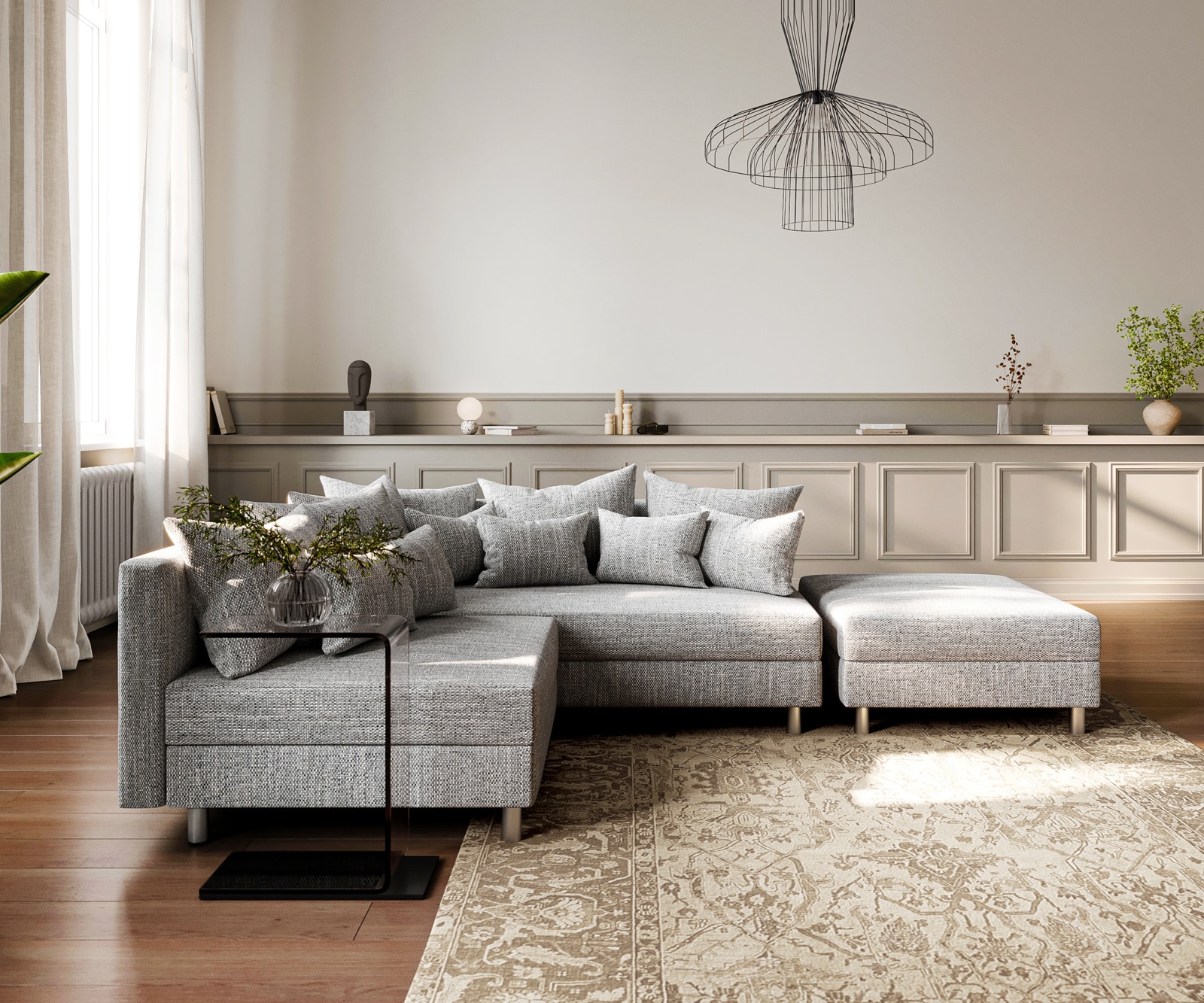 Ecksofa Clovis Hellgrau Strukturstoff Hocker Ottomane Rechts Modulsofa 2