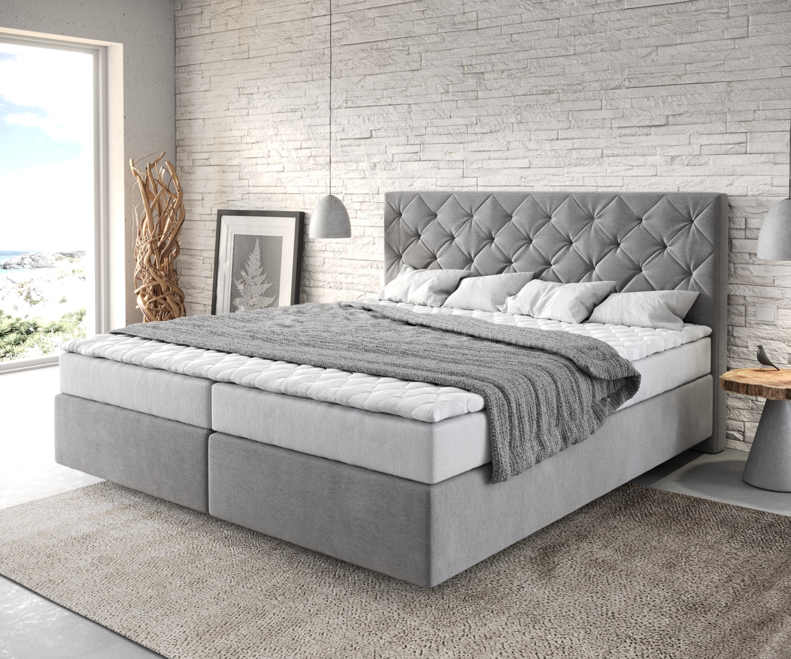 Boxspringbett Dream-Great 180x200 cm Mikrofaser Grau mit Matratze und Topper Boxspringbett Dream-Great 180x200 cm Mikrofaser Grau mit Matratze und Topper