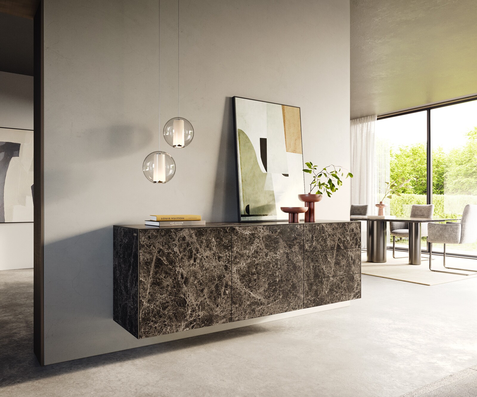 Sideboard Cuor 180 cm Keramik Laminam® Emperador Extra Lucidato Dunkelbraun 2 Türen 3 Schubfächer Schwebend
