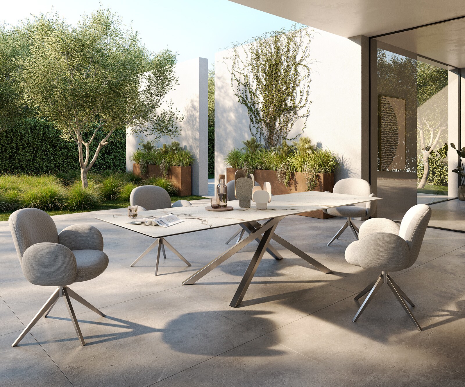 Outdoortisch Edge 300x100 cm Keramik Calacatta Luxe Weiß-Gold-Grau Kreuzgestell Rechteck Edelstahl 5