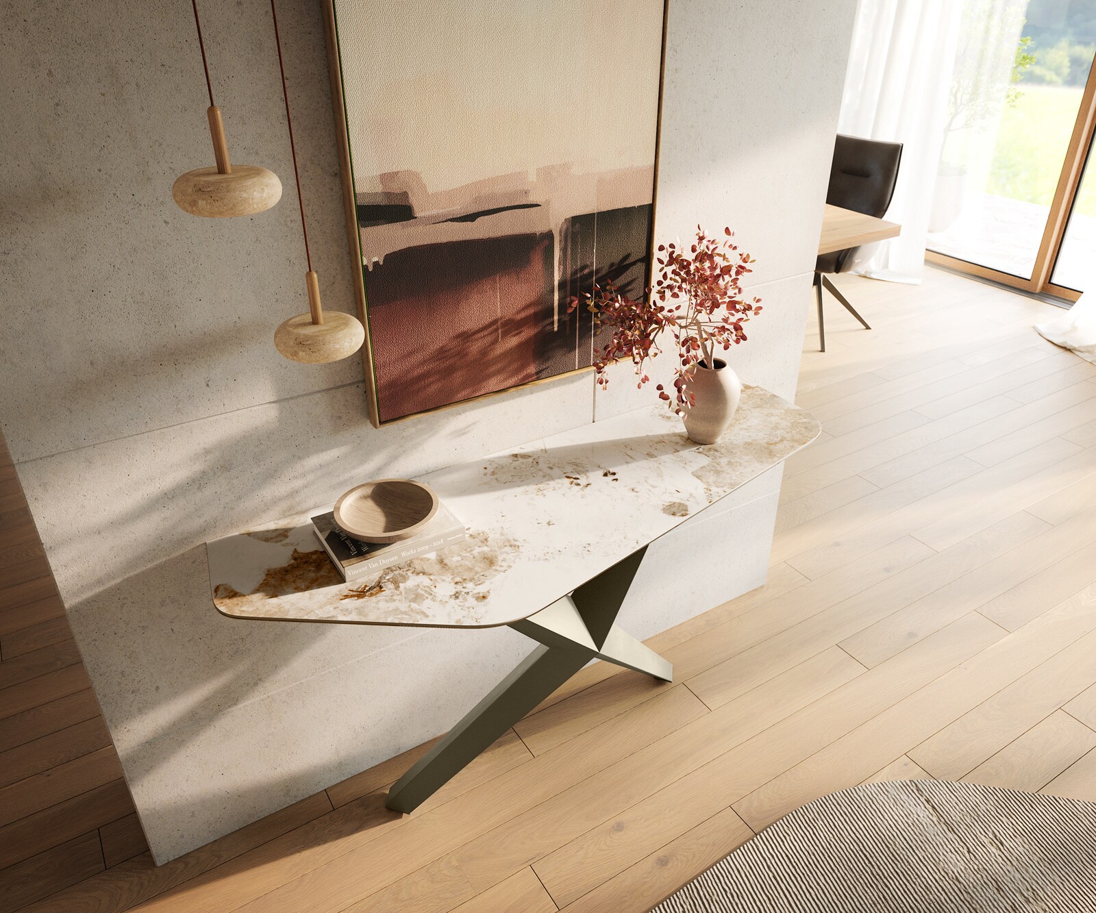 Konsolentisch Edge Polygonal 140x50 cm Keramik Minas Melange Weiß-Beige Zentharo Metall Effektfinish Titan 2