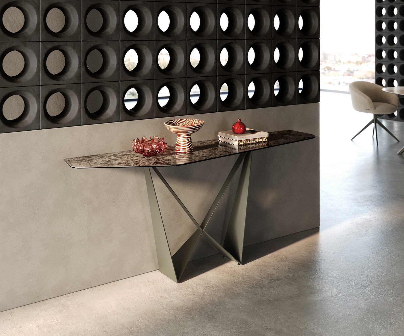 Konsolentisch Edge Polygonal 180x50 cm Keramik Emperador Extra Lucidato Dunkelbraun Spios Metall Effektfinish Titan 3