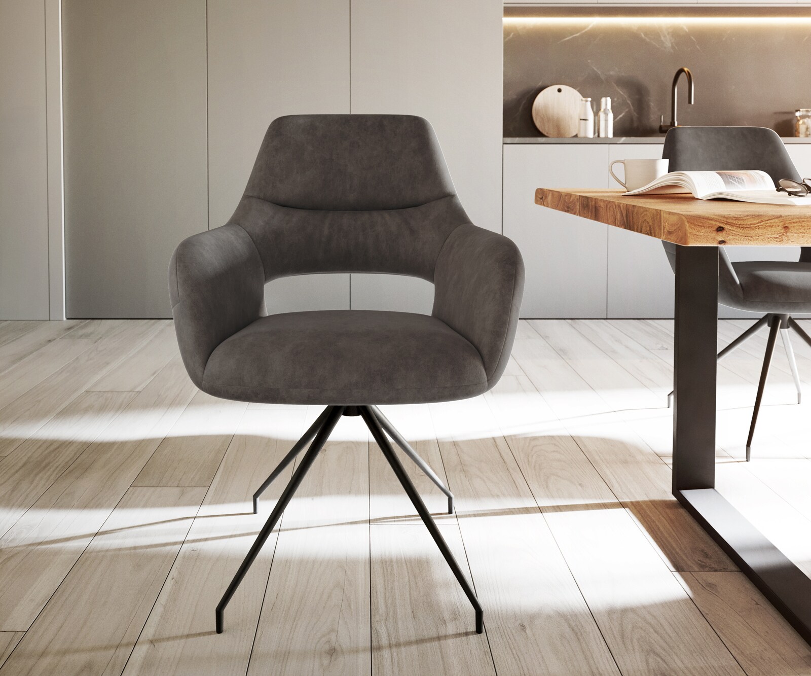 Esszimmerstuhl Yago-Flex mit Armlehnen Mikrofaser Anthrazit Vintage Kreuzgestell konisch Schwarz Taschenfederkern 1 Esszimmerstuhl Yago-Flex mit Armlehnen Mikrofaser Anthrazit Vintage Kreuzgestell konisch Schwarz Taschenfederkern 1