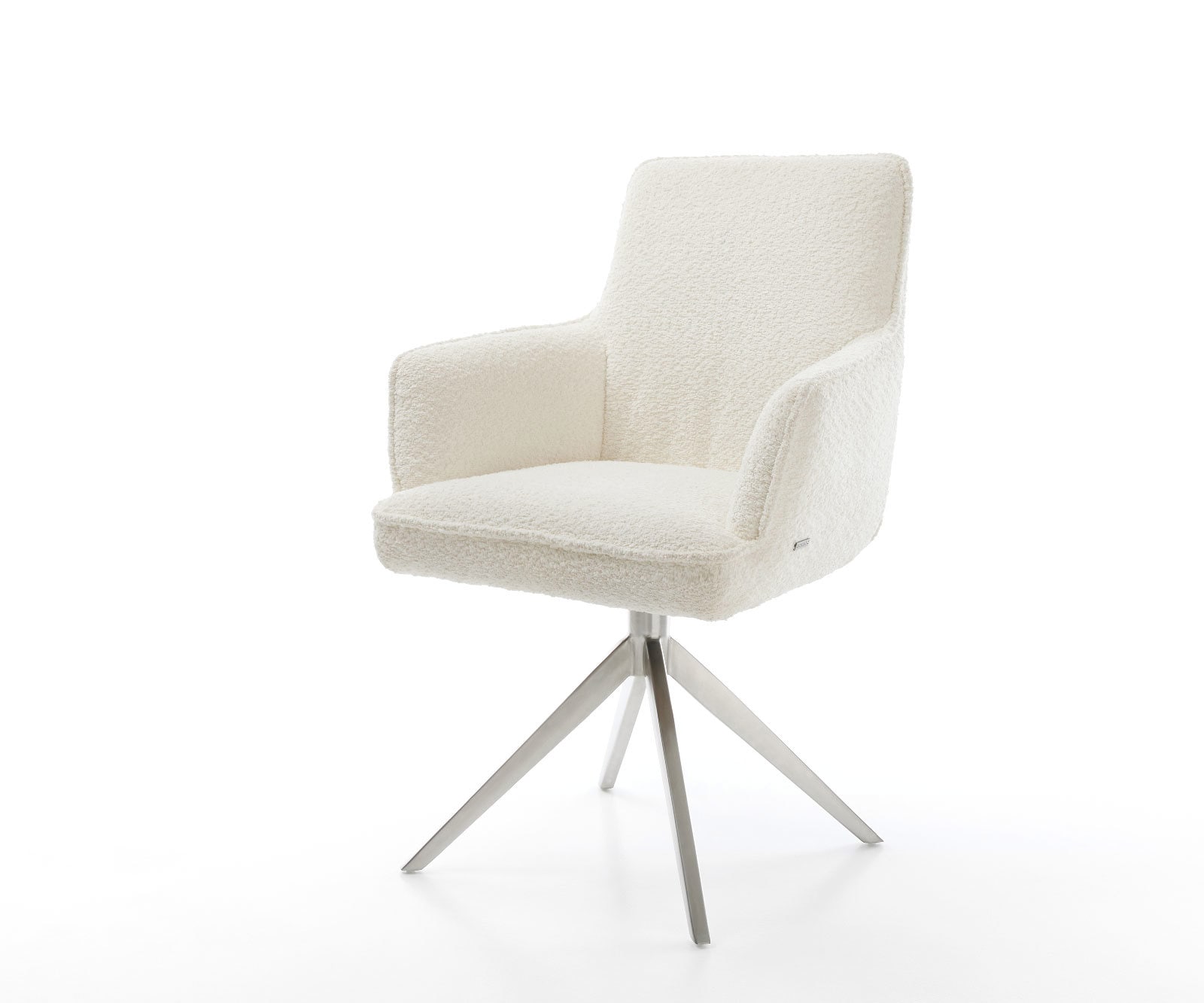 Drehstuhl Heira-Flex mit Armlehnen Bouclé Weiß Kreuzgestell breit Edelstahl 360° drehbar Wippfunktion Taschenfederkern Drehstuhl Heira-Flex mit Armlehnen Bouclé Weiß Kreuzgestell breit Edelstahl 360° drehbar Wippfunktion Taschenfederkern