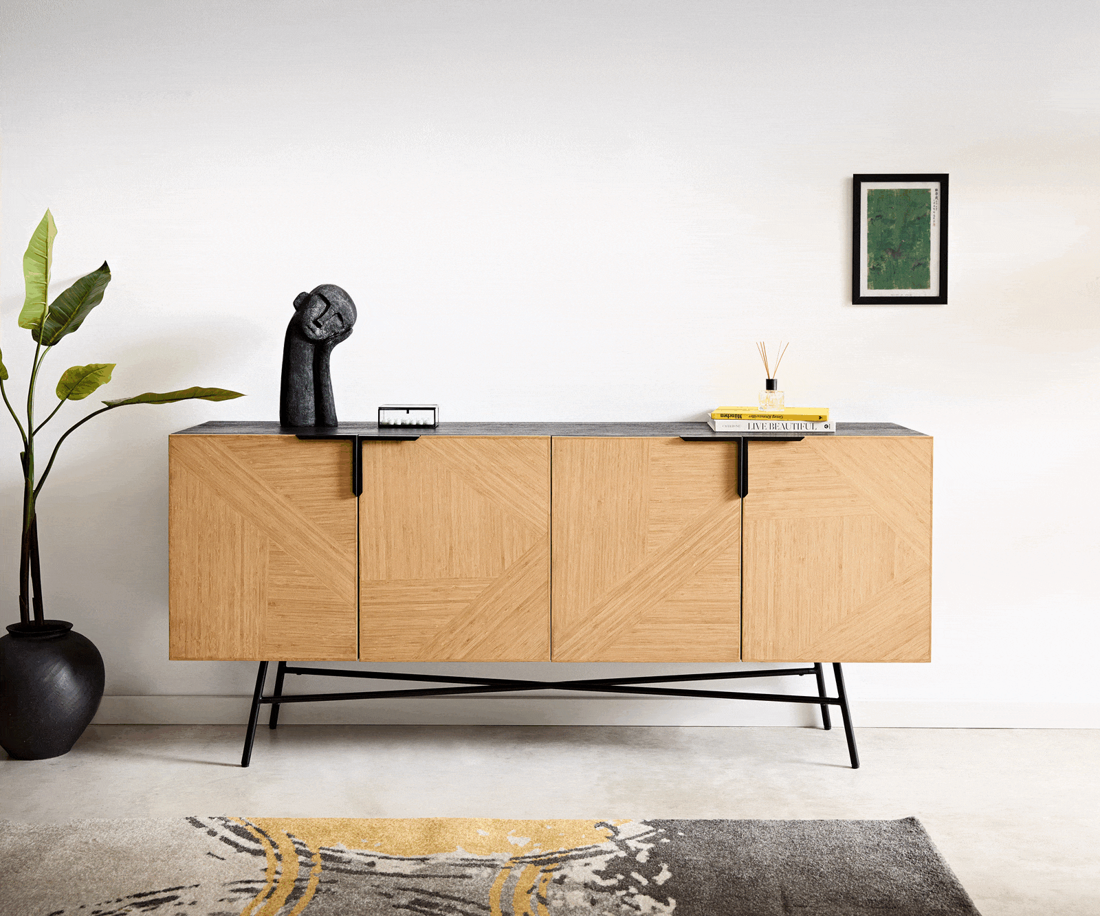 Sideboard Mikkusu 175 cm Bambus Natur Mango Schwarz 4 Türen Metall Schwarz 1
