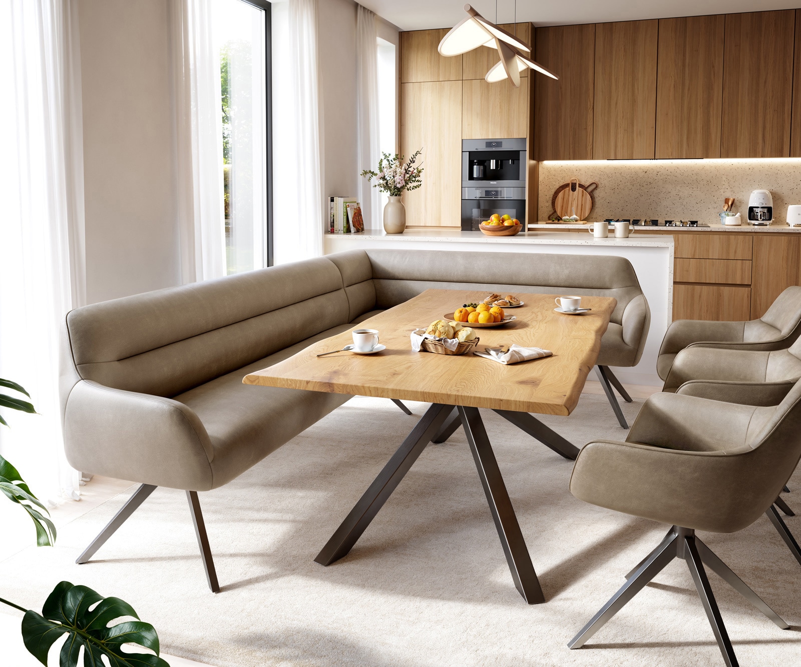 Esszimmerbank Taya-Flex 285x190 cm Mikrofaser Beige Vintage Kreuzgestell kantig Graphit Taschenfederkern Rechts