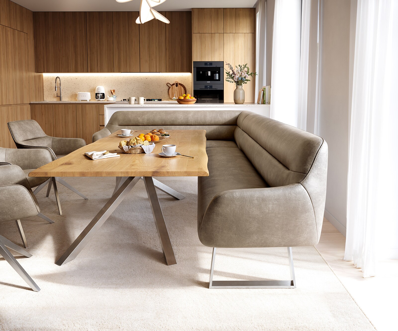 Esszimmerbank Taya-Flex 285x190 cm Mikrofaser Beige Vintage Kufengestell kantig Edelstahl Taschenfederkern Rechts 2