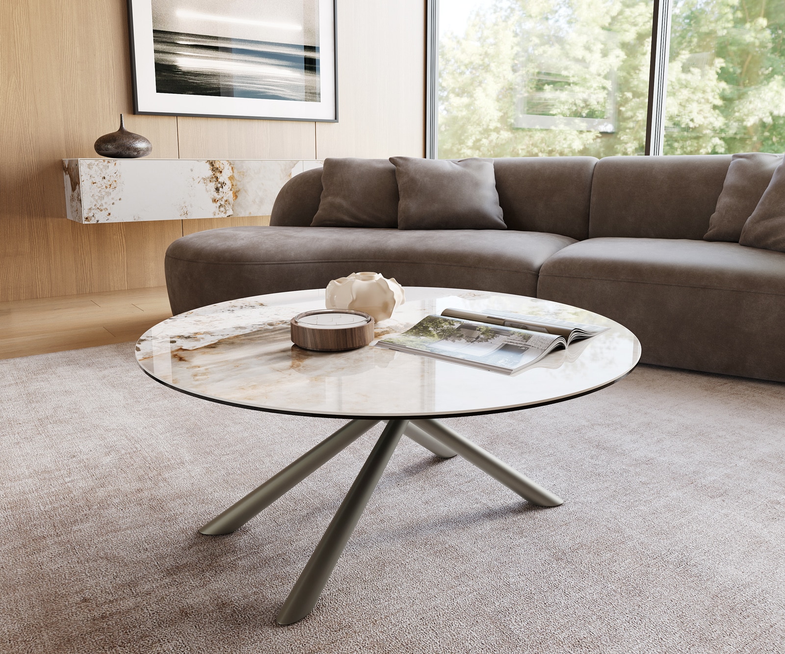Couchtisch Edge Rund 100x100 cm Keramik Minas Melange Sarity Metall Effektfinish Titan