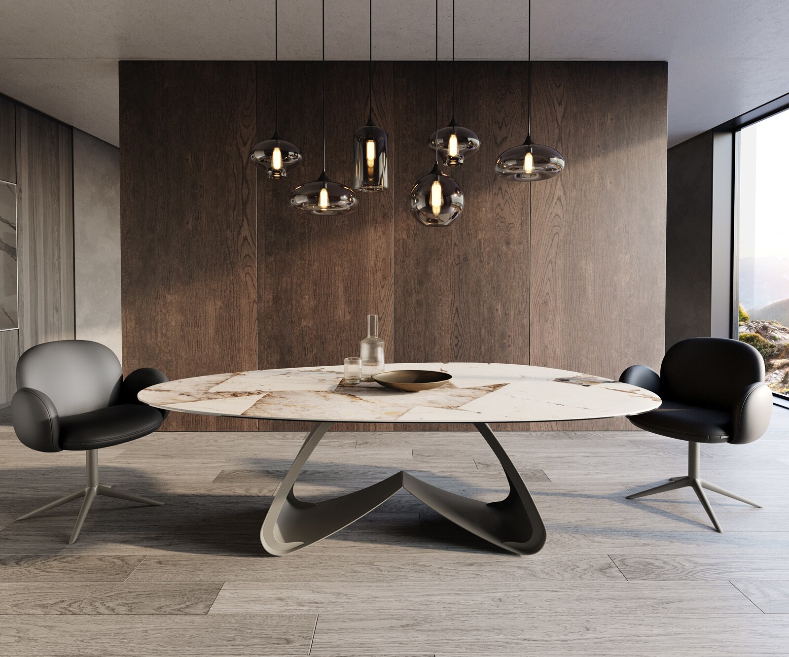 Esstisch Edge Oval 220x120 Keramik Iris FMG Patagonia Lappato W-Gestell Metall Effektfinish Titan 1