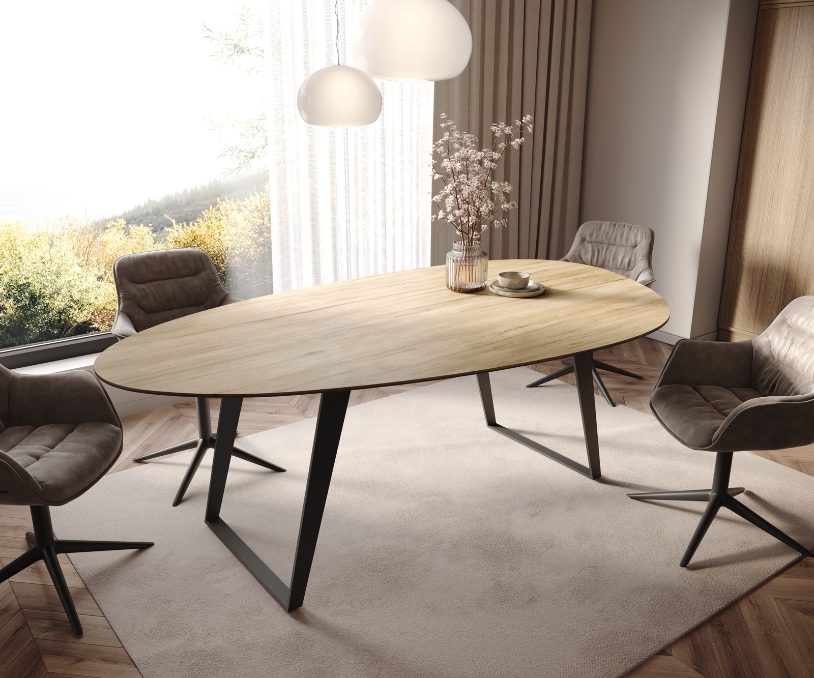 Esstisch Edge Oval 220x120 cm Keramik Laminam® Sabbia Eichefarbig Metall Schräg Schwarz