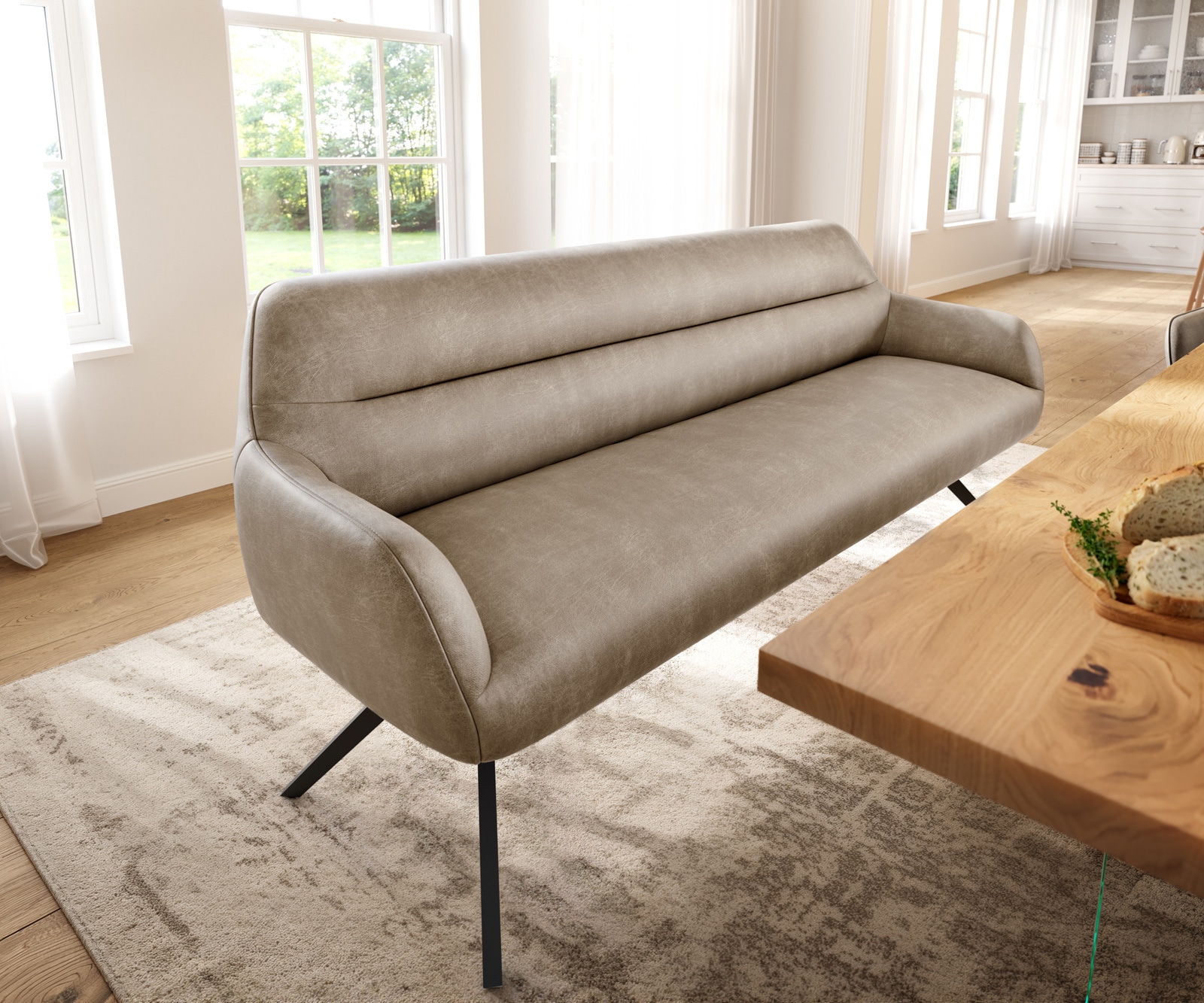 Esszimmerbank Taya-Flex 200 cm Mikrofaser Beige Vintage Kreuzgestell kantig Schwarz Taschenfederkern
