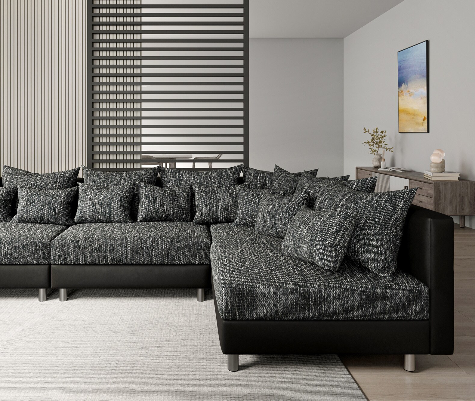 Wohnlandschaft Clovis XXL Schwarz Hocker Ottomane Links modular 4