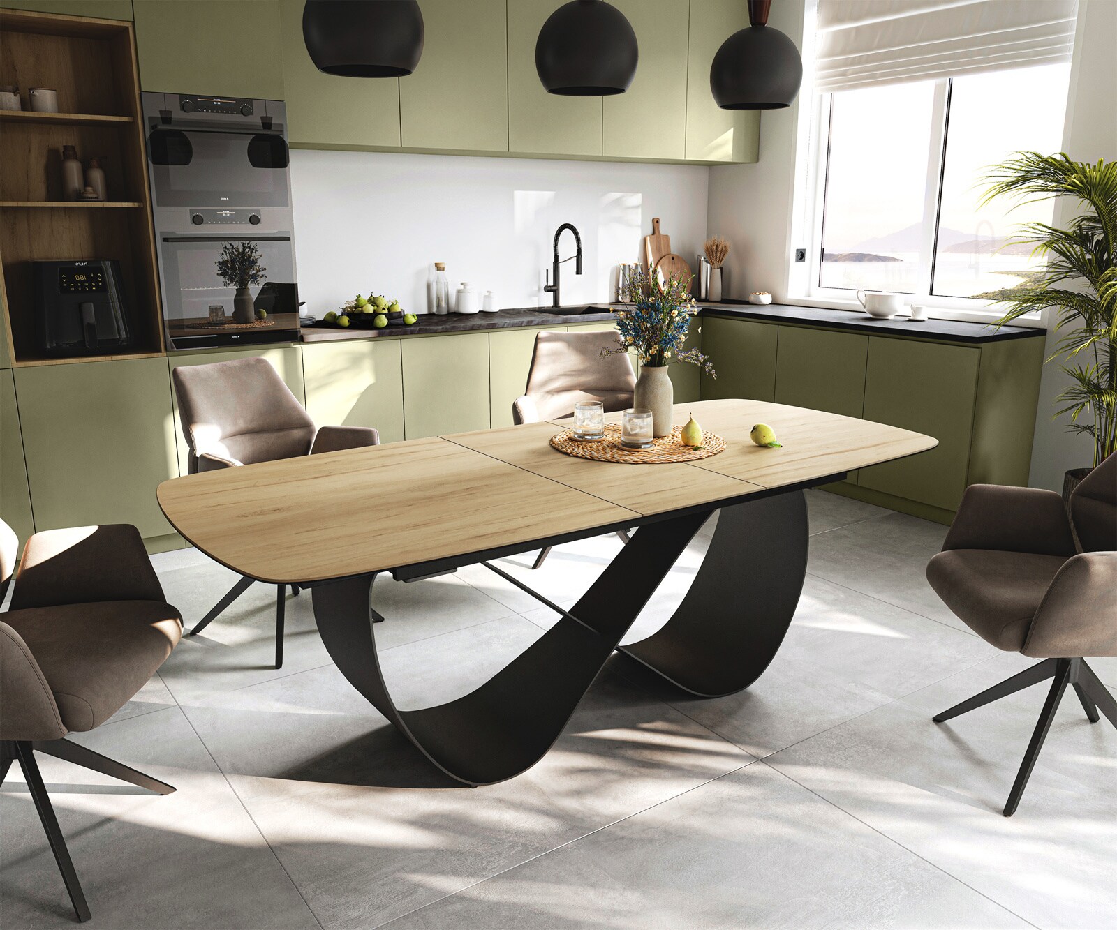 Esstisch Edge Boot 180-220x100 cm Keramik Laminam® Sabbia Eichefarbig Infinity Metall Schwarz ausziehbar 1