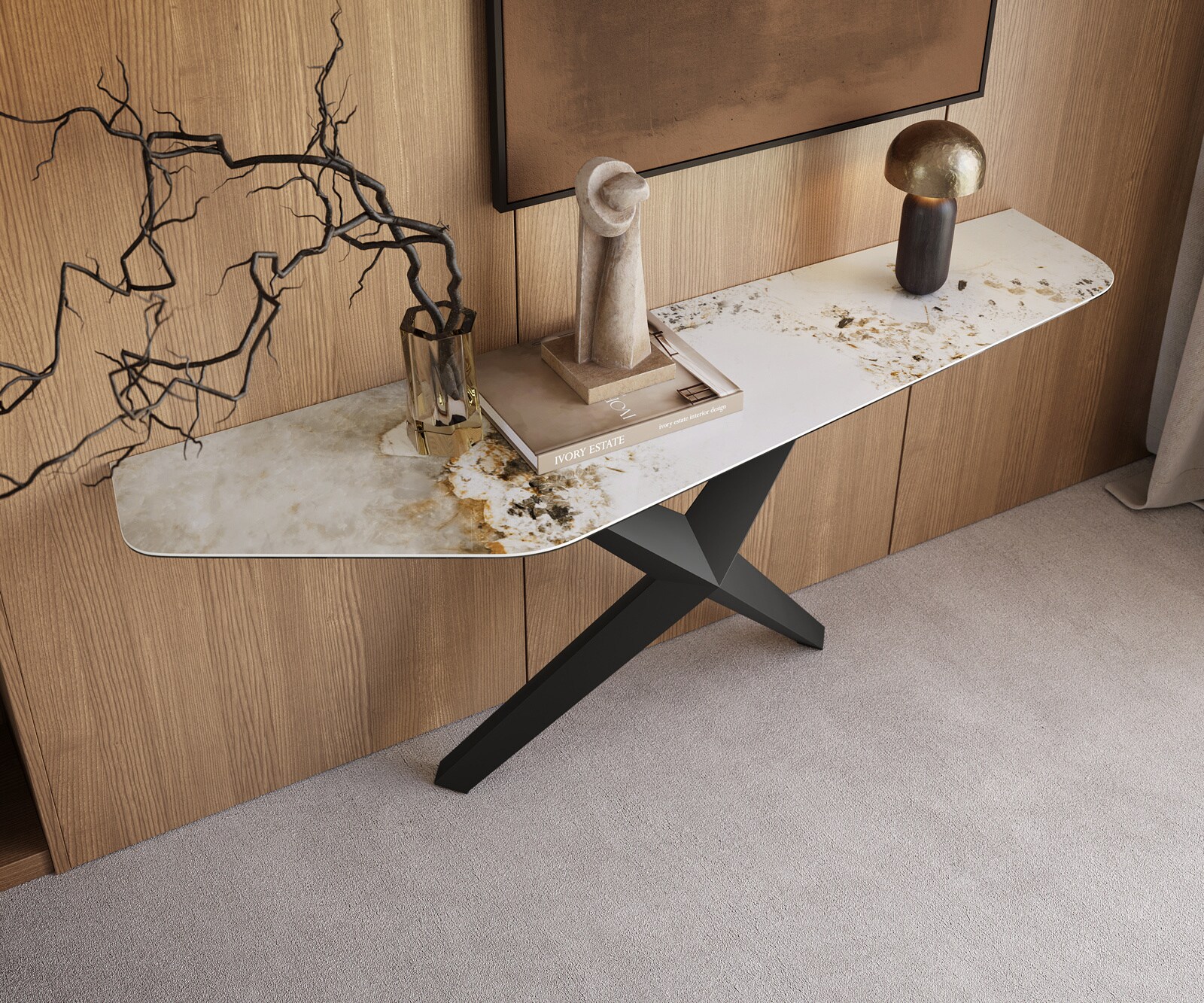 Konsolentisch Edge Polygonal 180x50 cm Keramik Minas Melange Weiß-Beige Zentharo Metall Schwarz 2
