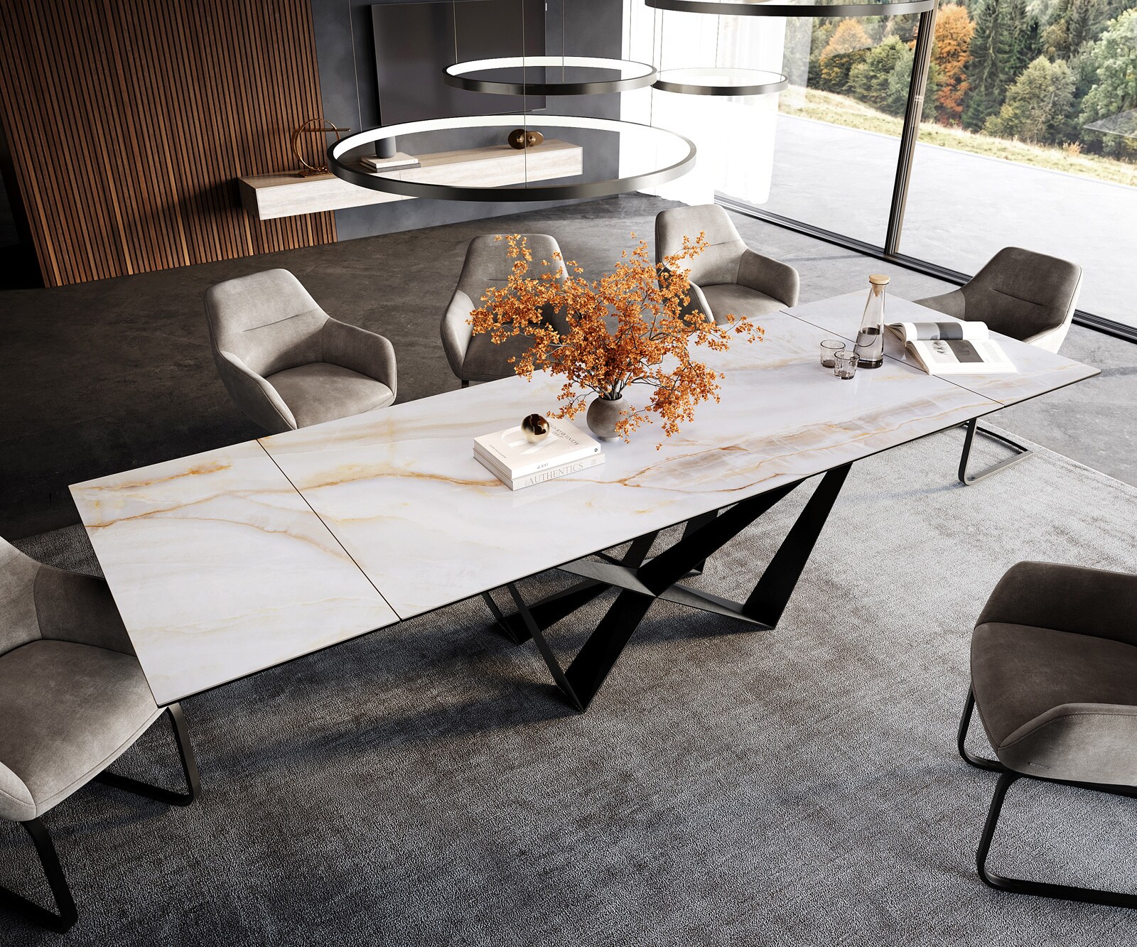 Esstisch Edge 200-300x100 cm Keramik Onyx Pearl Wave Edelstahl ausziehbar 3