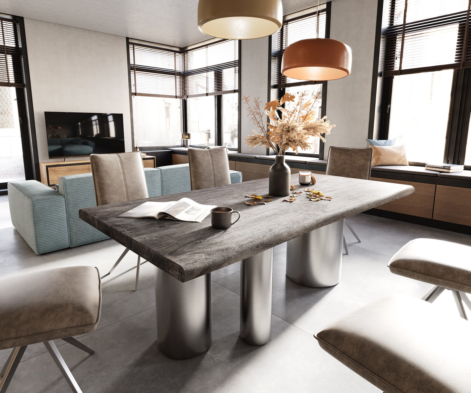 Esstisch Edge 200x100 XL Akazie Platin Troa Edelstahl gebürstet Live-Edge günstig online kaufen